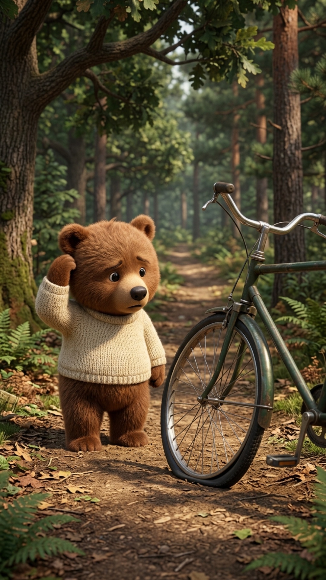 Art style: 3D Pixar.
Лумо катается на классическим двухколесным велосипедом. Замечает что одно ко...