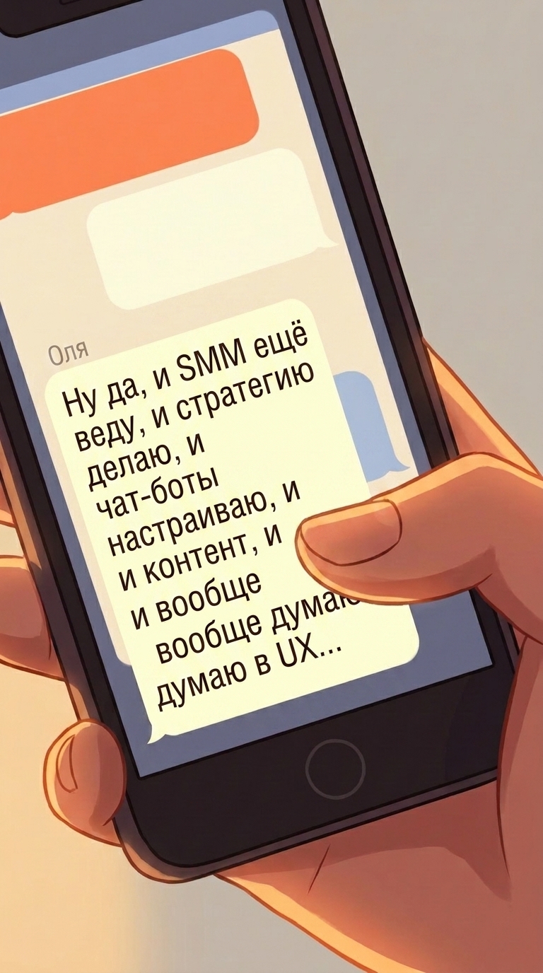 Текст в желтом облаке сообщения от Оли "Ну да, и SMM ещё веду, и стратегию делаю, и чат-боты наст...