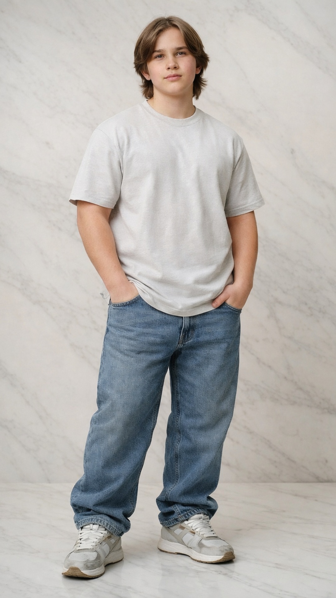 Reference image: a young guy in a white t-shirt, wide jeans, sneakers – use his face and body typ...