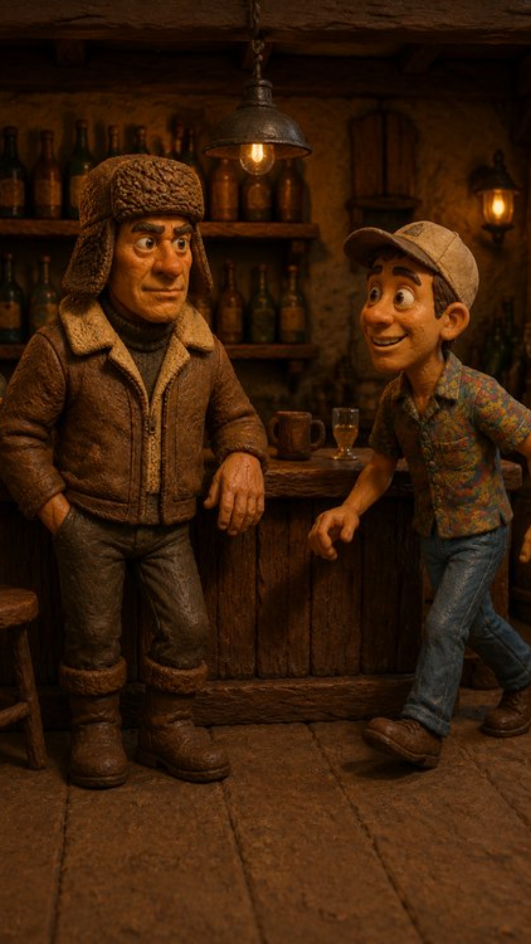 Claymation animation, dark cinematic handmade clay style. Wide shot of a cozy bar interior with a...