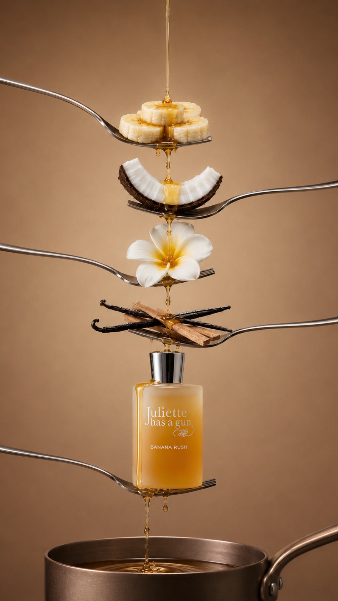 Luxury perfume commercial video, macro cinematic shot, vertical composition, warm rich brown grad...