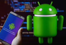 Google Android figure on blurred digital background Google Andr