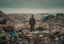 Нарушения в работе с отходами на "Сухоложском полигоне" One person working in unhygienic garbage dump ruins landscape generated by AI