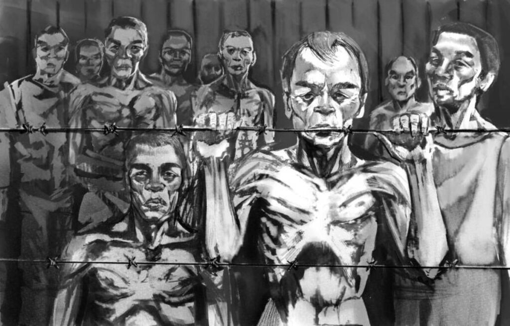 нарисованные скелеты за проволокой