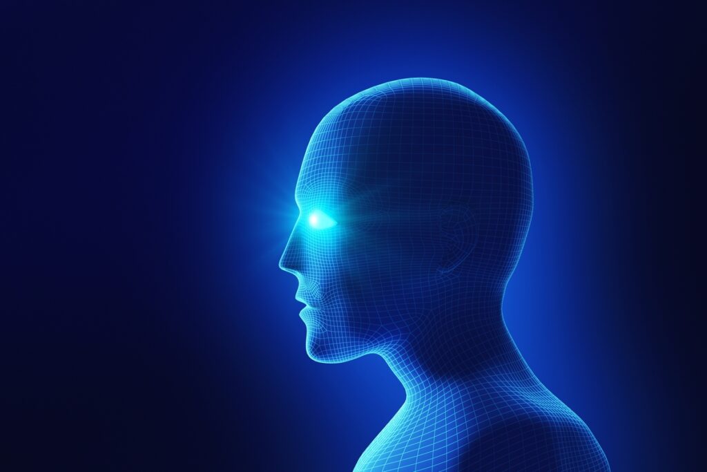 Модель человеческой головы со светящимися глазами