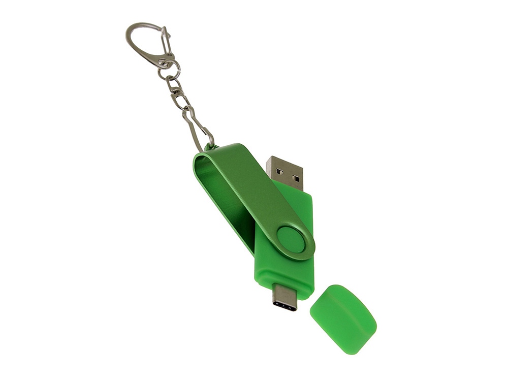 USB-флешка на 32 Гб 2 в 1 поворотный механизм, c дополнительным разъемом Type-C с одноцветным металлическим клипом, зеленый