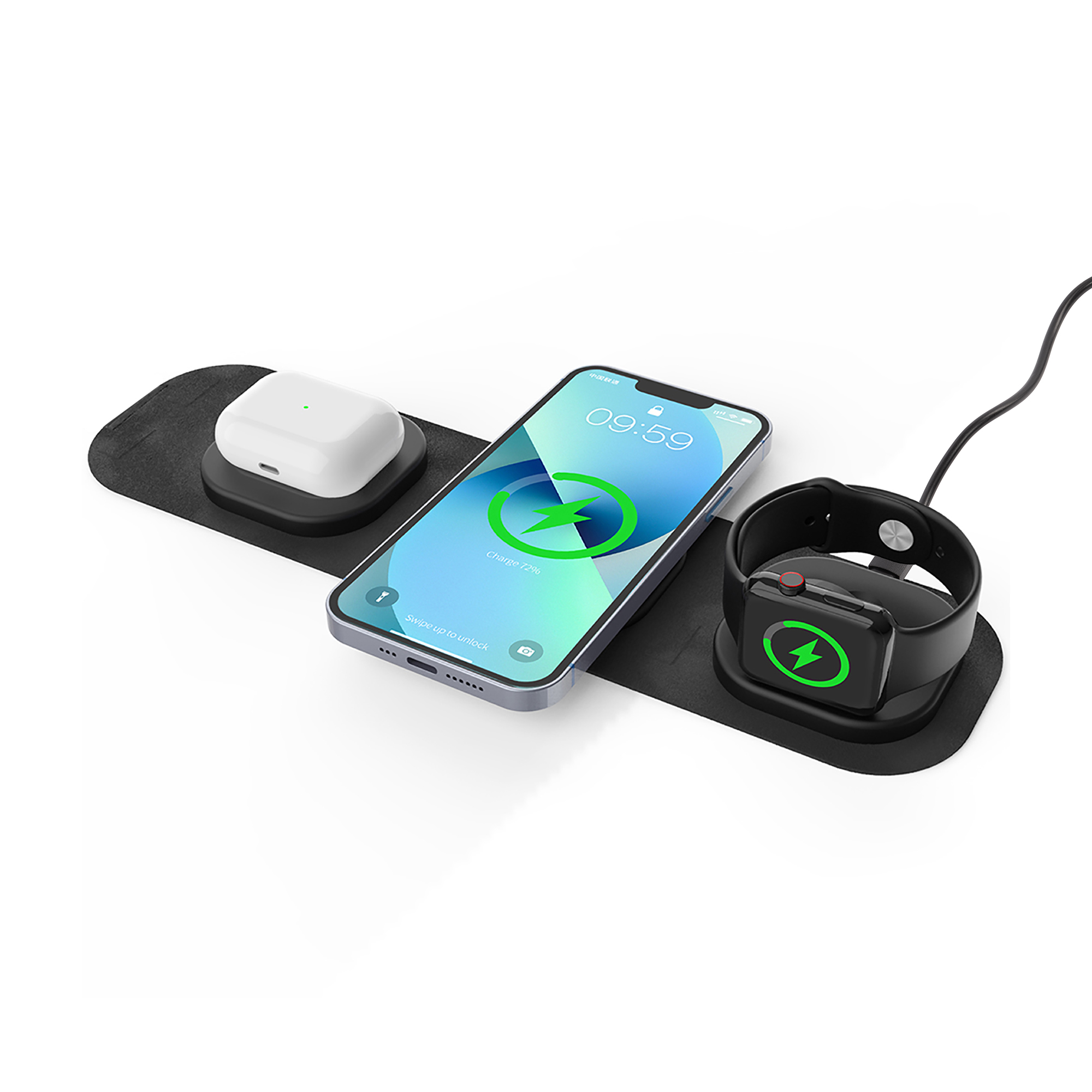 Складная беспроводная (15W) зарядная станция "Magic Case" с MagSafe для смартфона, часов и наушников, цвет черный