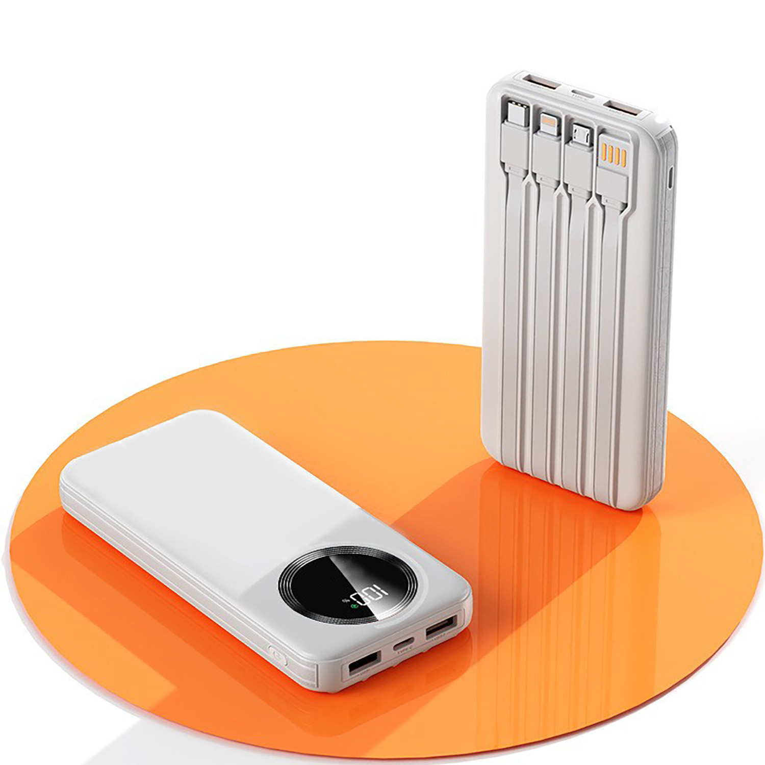 Зарядное устройство "Phantom" 10000 mAh с 4мя встроенными кабелями и цифровым индикатором заряда, цвет белый