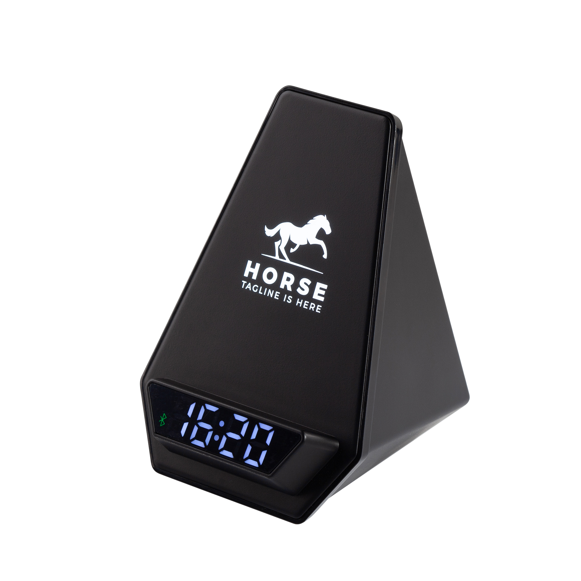 Настольная Bluetooth колонка (3Вт) "Smart Pyramid" с часами и беспроводным (15W) зарядным устройством, с подсветкой логотипа, цвет черный