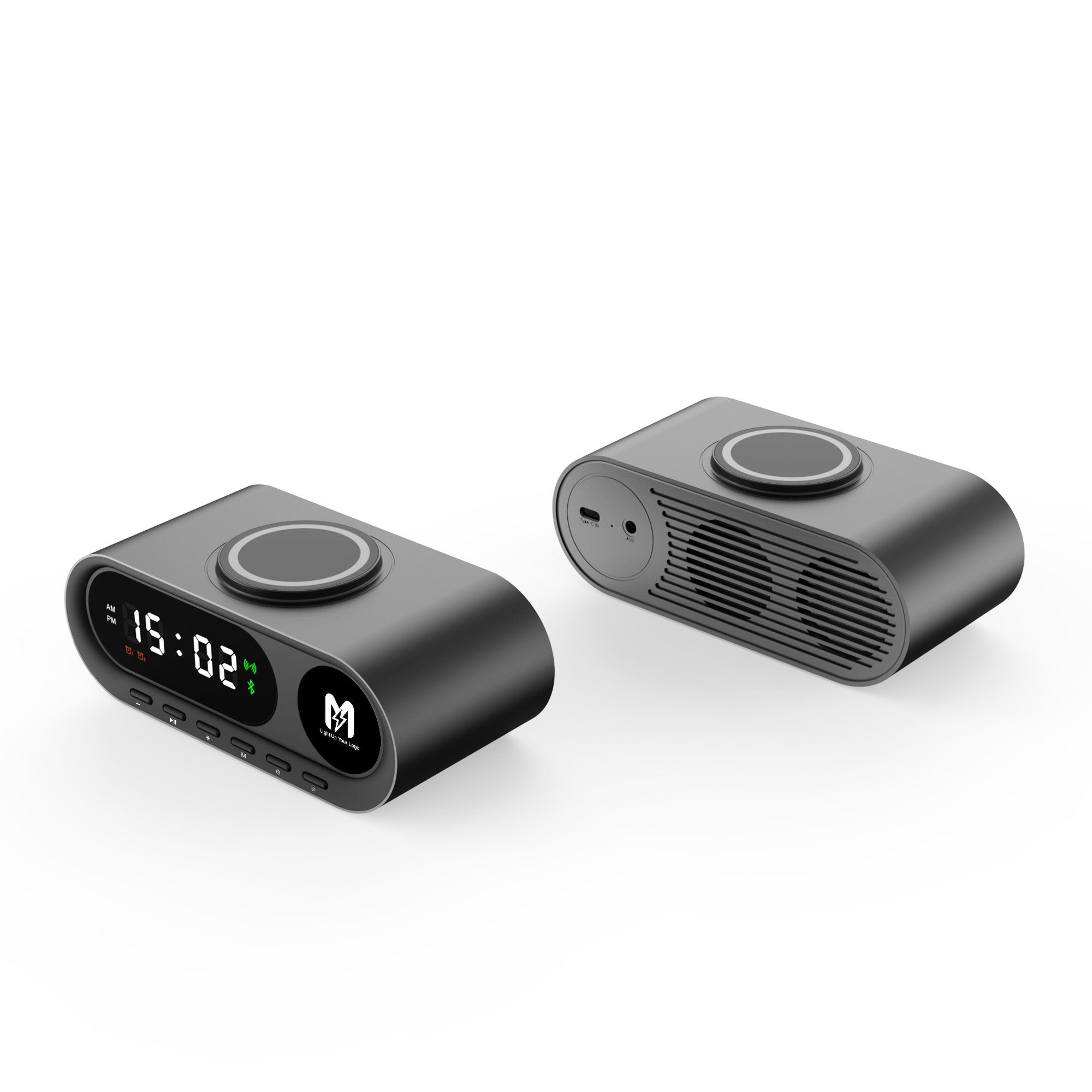 Настольные часы "Smart Hub" с bluetooth колонкой 5Вт, беспроводной (15W) зарядкой и подсветкой логотипа, цвет черный