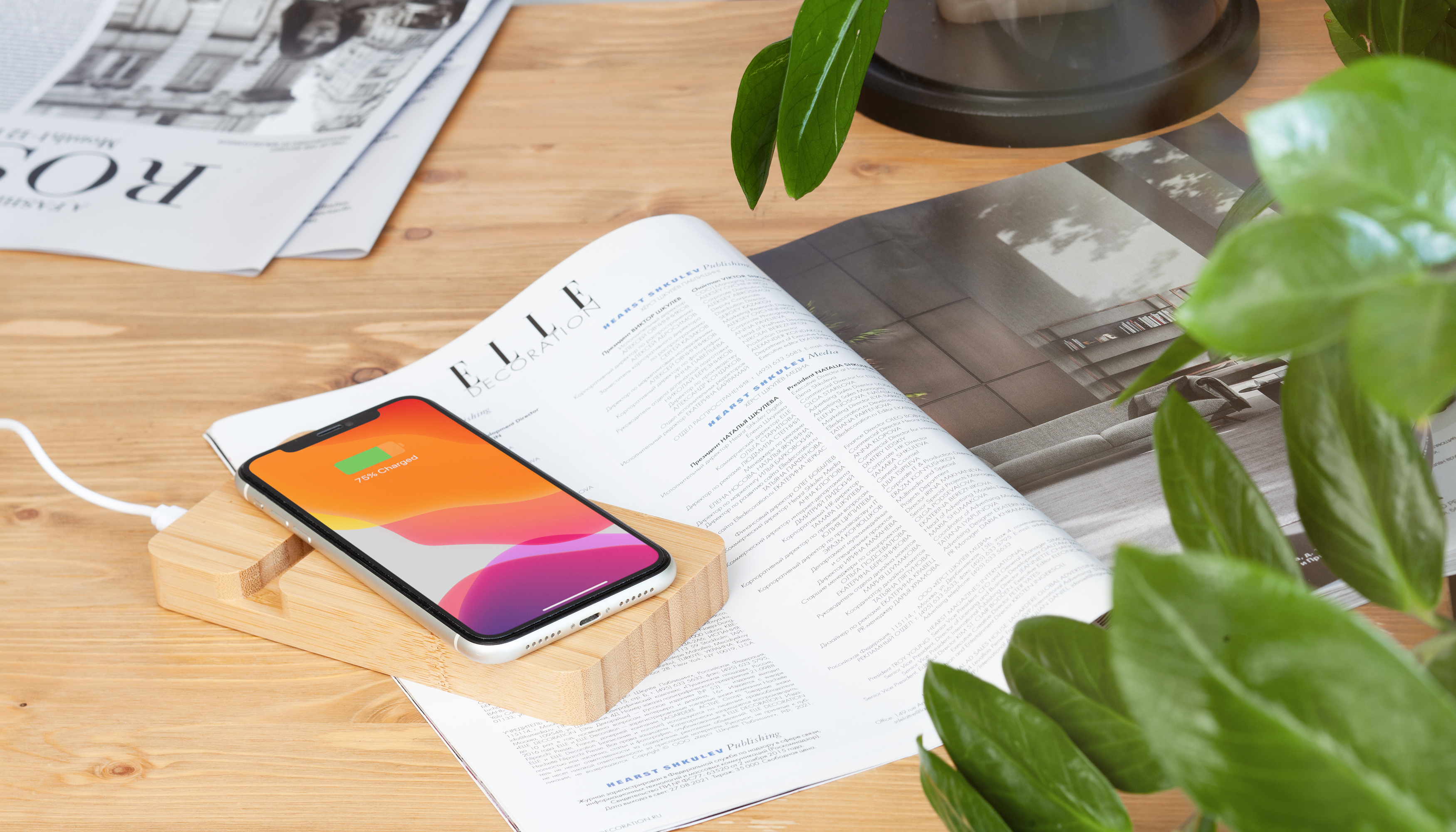 Беспроводное (10W) зарядное устройство "Bamboo Power" 5000 mAh с подставкой под смартфон, бамбук, цвет бежевый