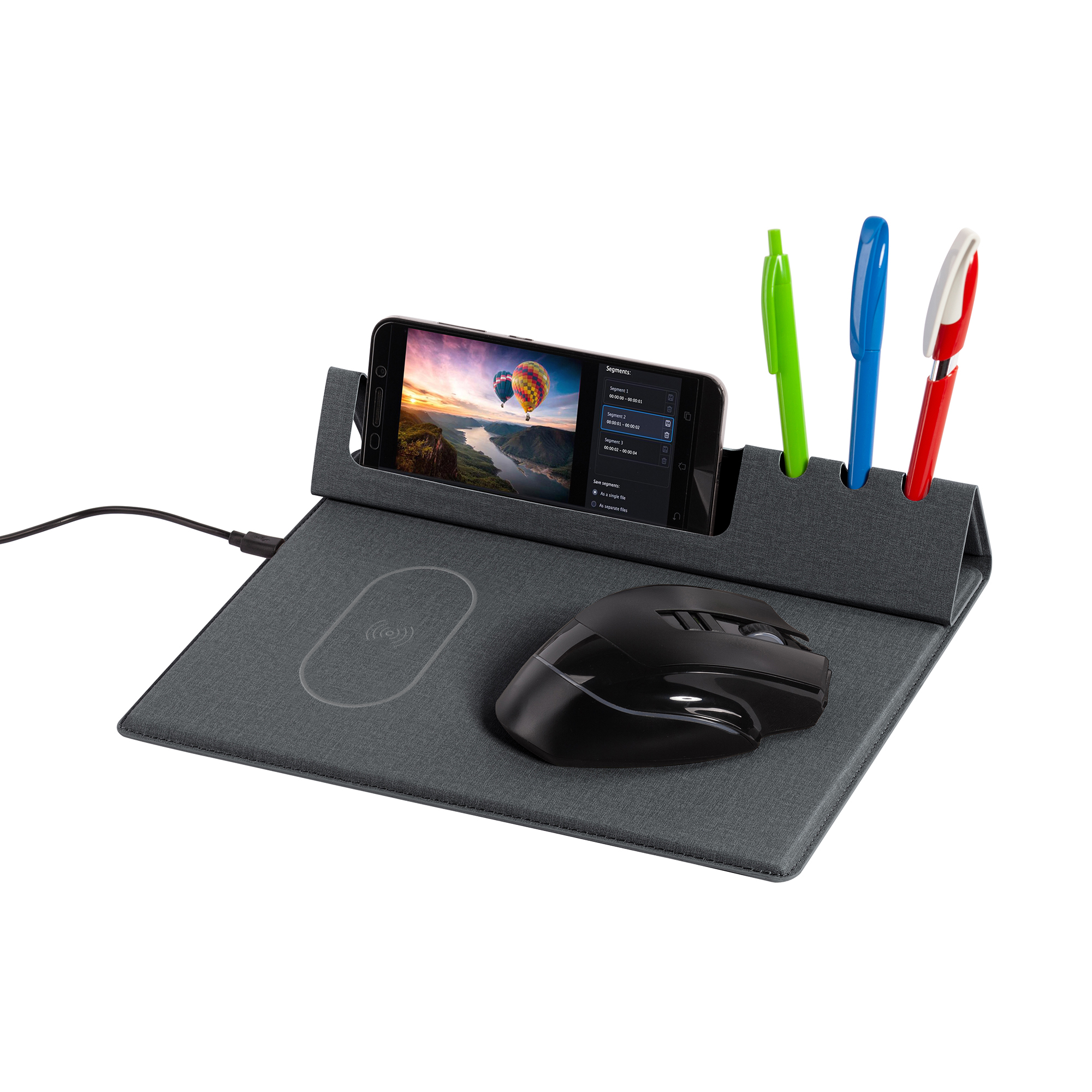 Настольная складная подставка "Cool Desk" с беспроводным (10W) зарядным устройством и ковриком для мыши, цвет темно-серый