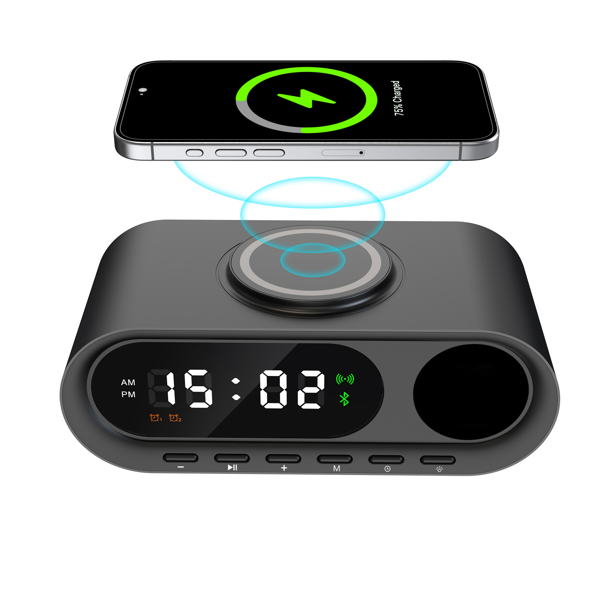 Настольные часы "Smart Hub" с bluetooth колонкой 5Вт, беспроводной (15W) зарядкой и подсветкой логотипа, цвет черный