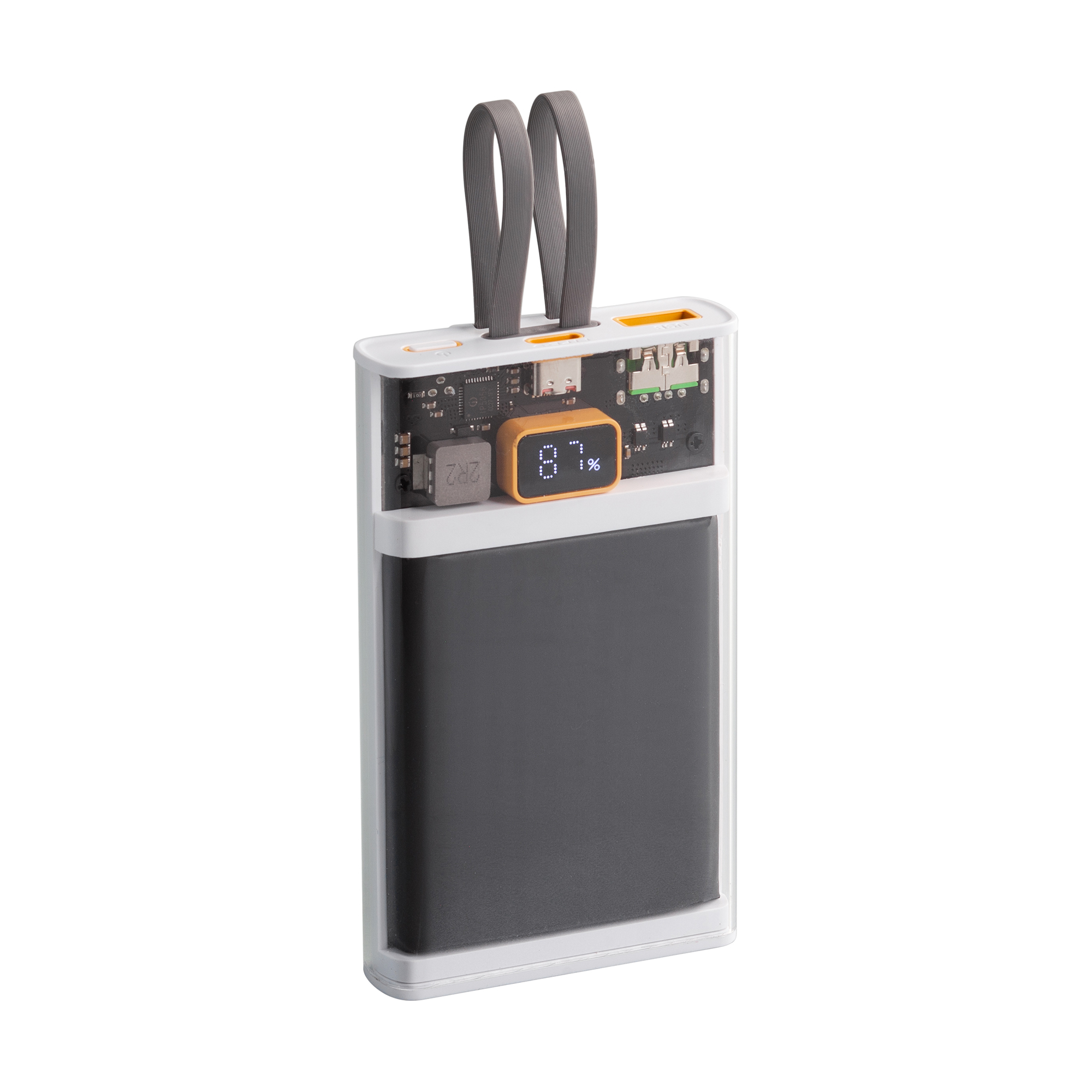 Зарядное (22.5W) устройство "Link" 10000 mAh с прозрачным корпусом, цифровым индикатором заряда и встроенными Type-C/Lightning кабелями, цвет белый/черный