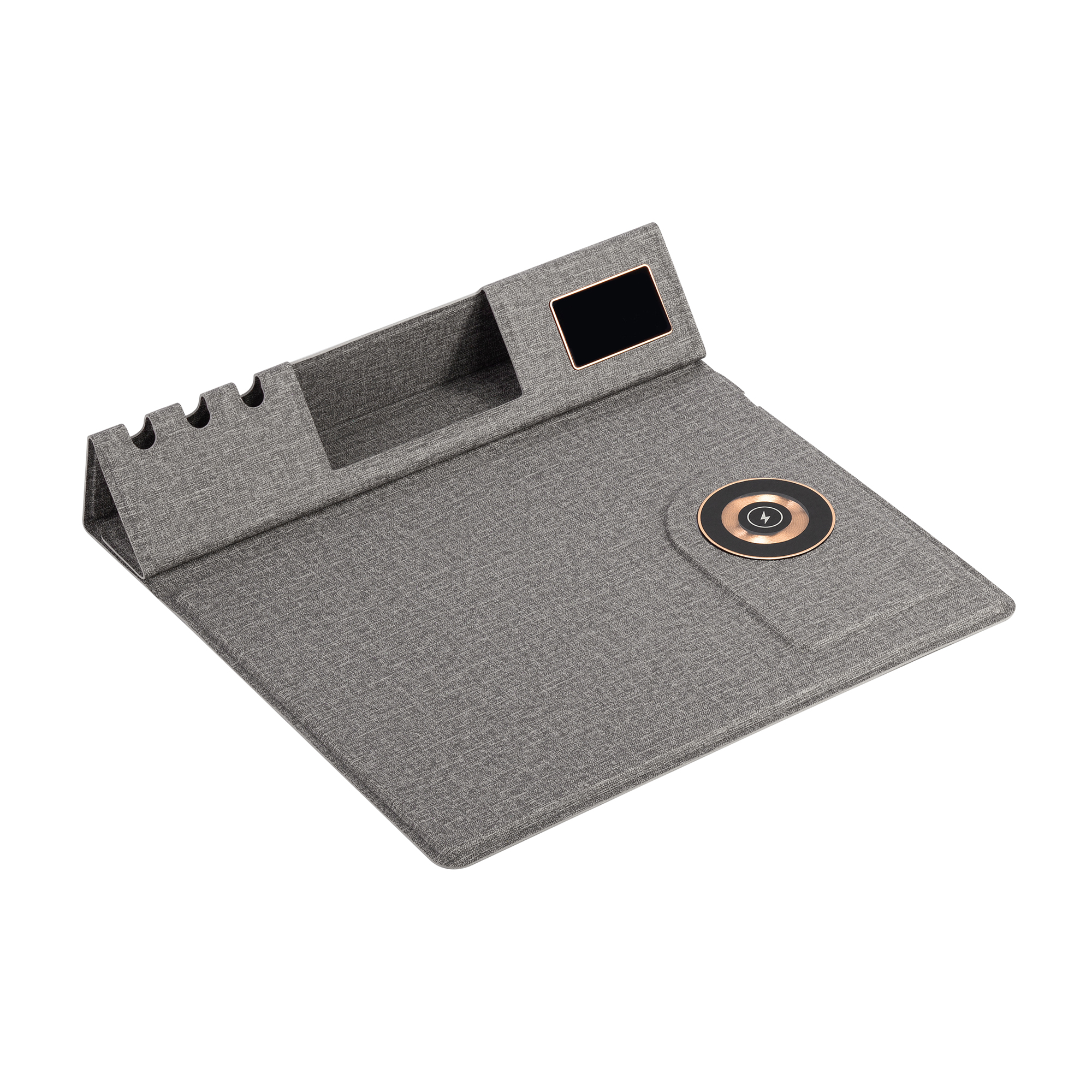 Настольная складная подставка "Cool Mat" с беспроводным (15W) ЗУ, сенсорной подсветкой логотипа, функцией MagSafe и ковриком для мыши, цвет серый