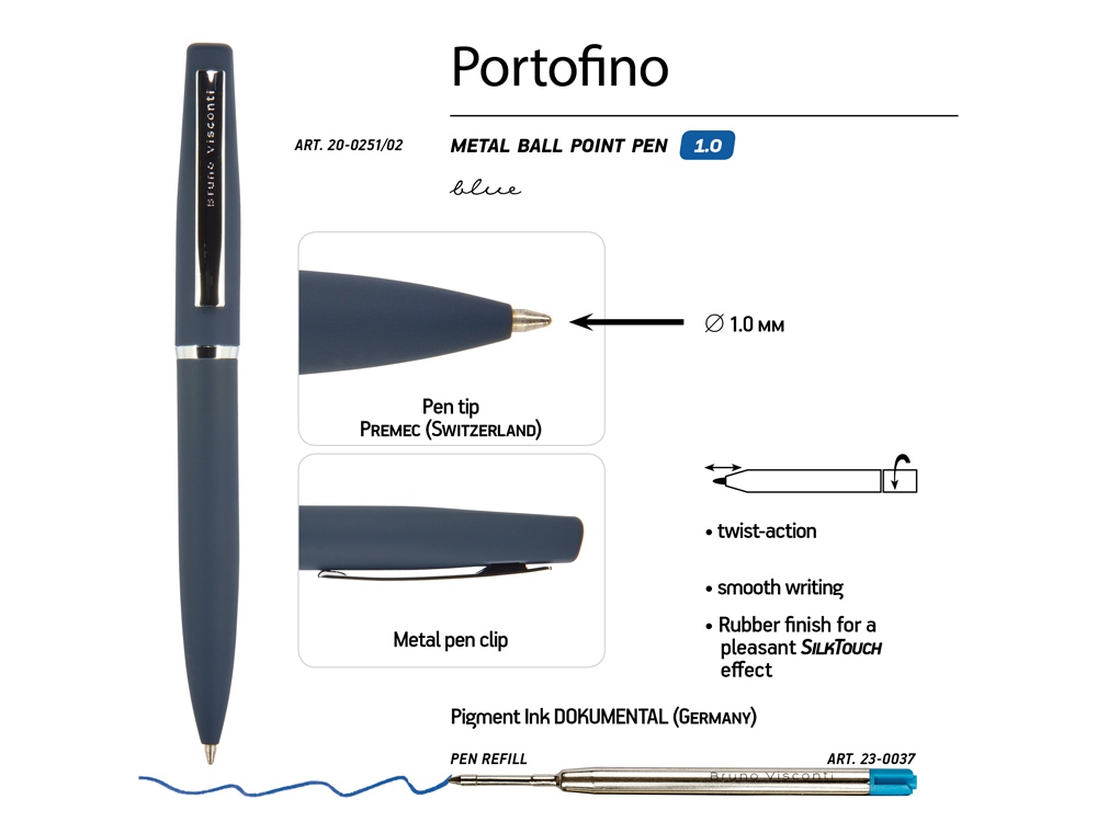 Ручка металлическая шариковая Portofino, софт-тач, 1.0 мм, синий