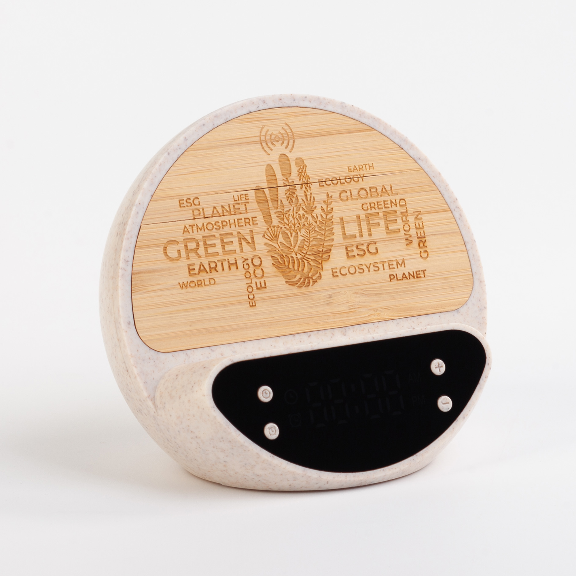 Настольные часы "Smiley" с беспроводным (10W) зарядным устройством и будильником, пшеница/бамбук/пластик, цвет бежевый