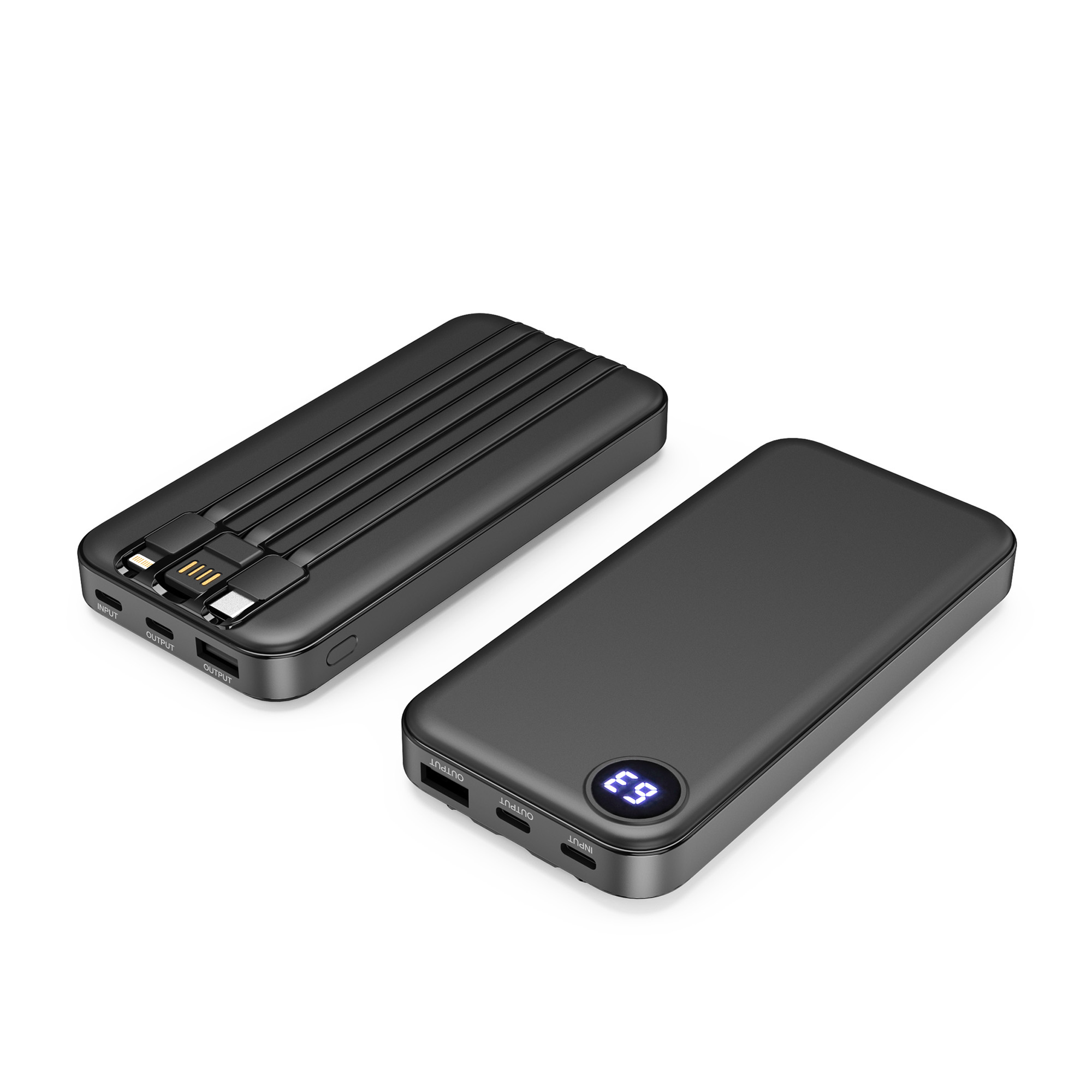 Зарядное устройство "Форт" 10000 mAh с подсветкой логотипа, встроенными кабелями и цифровым индикатором заряда, цвет черный