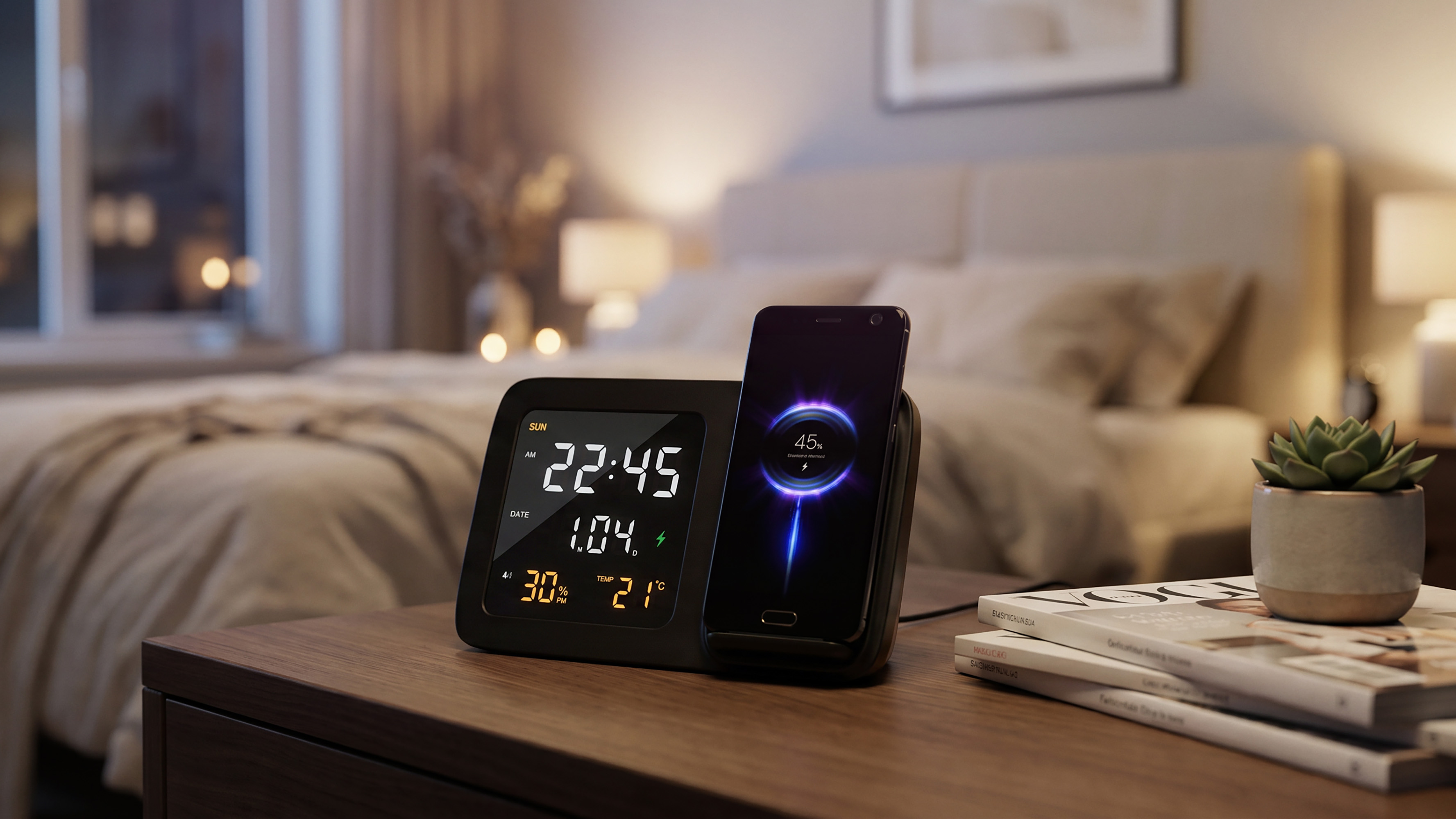 Настольные часы "Smart Screen" с беспроводным (15W) зарядным устройством, гигрометром, термометром, календарём, с подсветкой логотипа, цвет черный