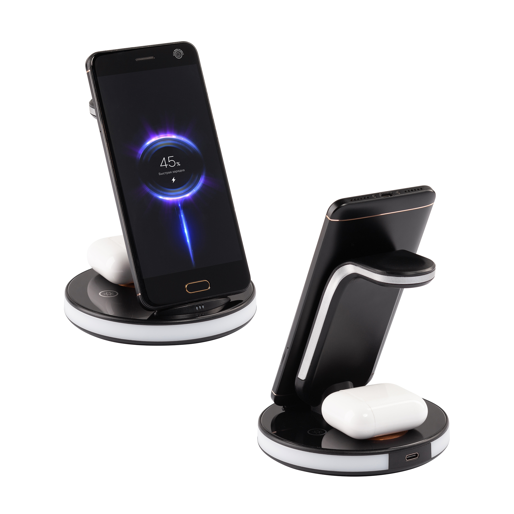 Беспроводная (15W) зарядная станция "Tron" с прозрачным корпусом и подсветкой, цвет черный с серебристым