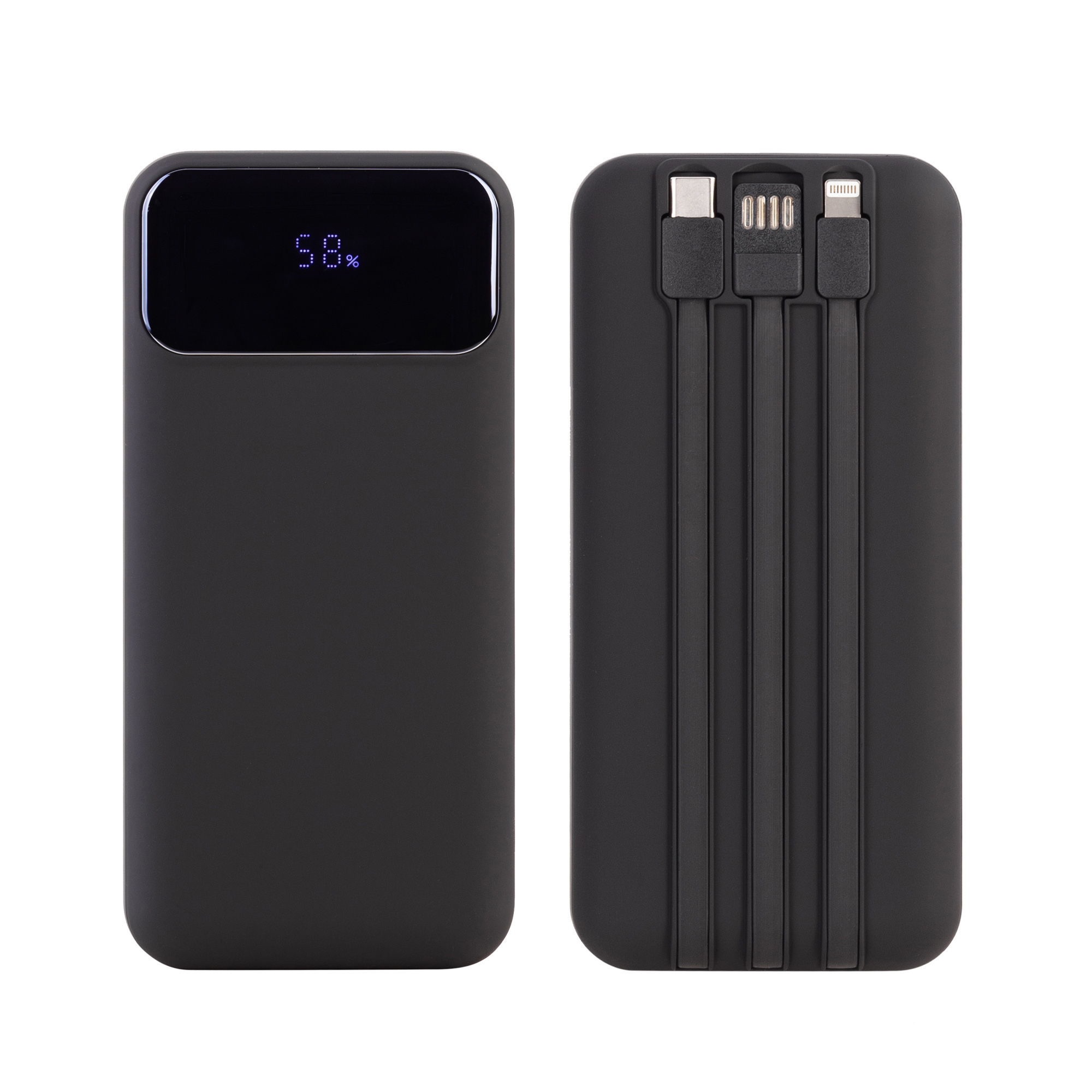 Зарядное (22.5W) устройство "Top Grade SOFTTOUCH" 20000 mAh с подсветкой логотипа, встроенными кабелями и цифровым индикатором заряда, цвет черный