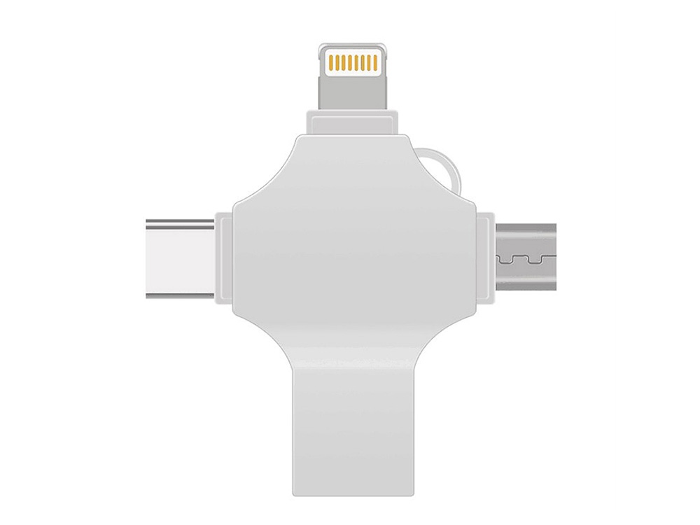 USB-флешка на 128 Гб 4 в 1 поворотный механизм, c дополнительными разъемами MicroUSB, TypeC и Lightning, серебристый