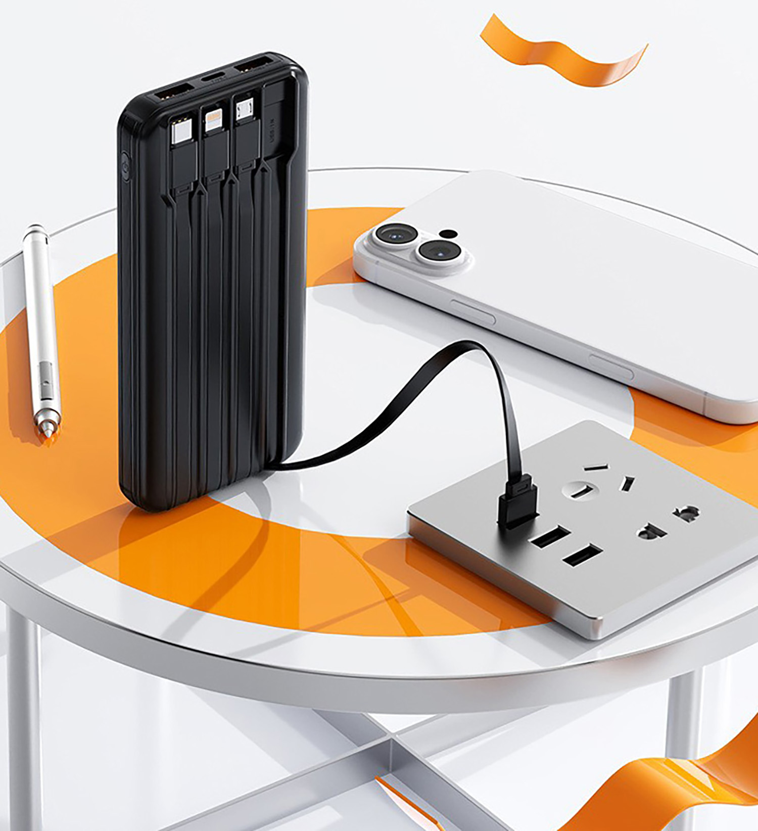 Зарядное устройство "Phantom" 10000 mAh с 4мя встроенными кабелями и цифровым индикатором заряда, цвет черный