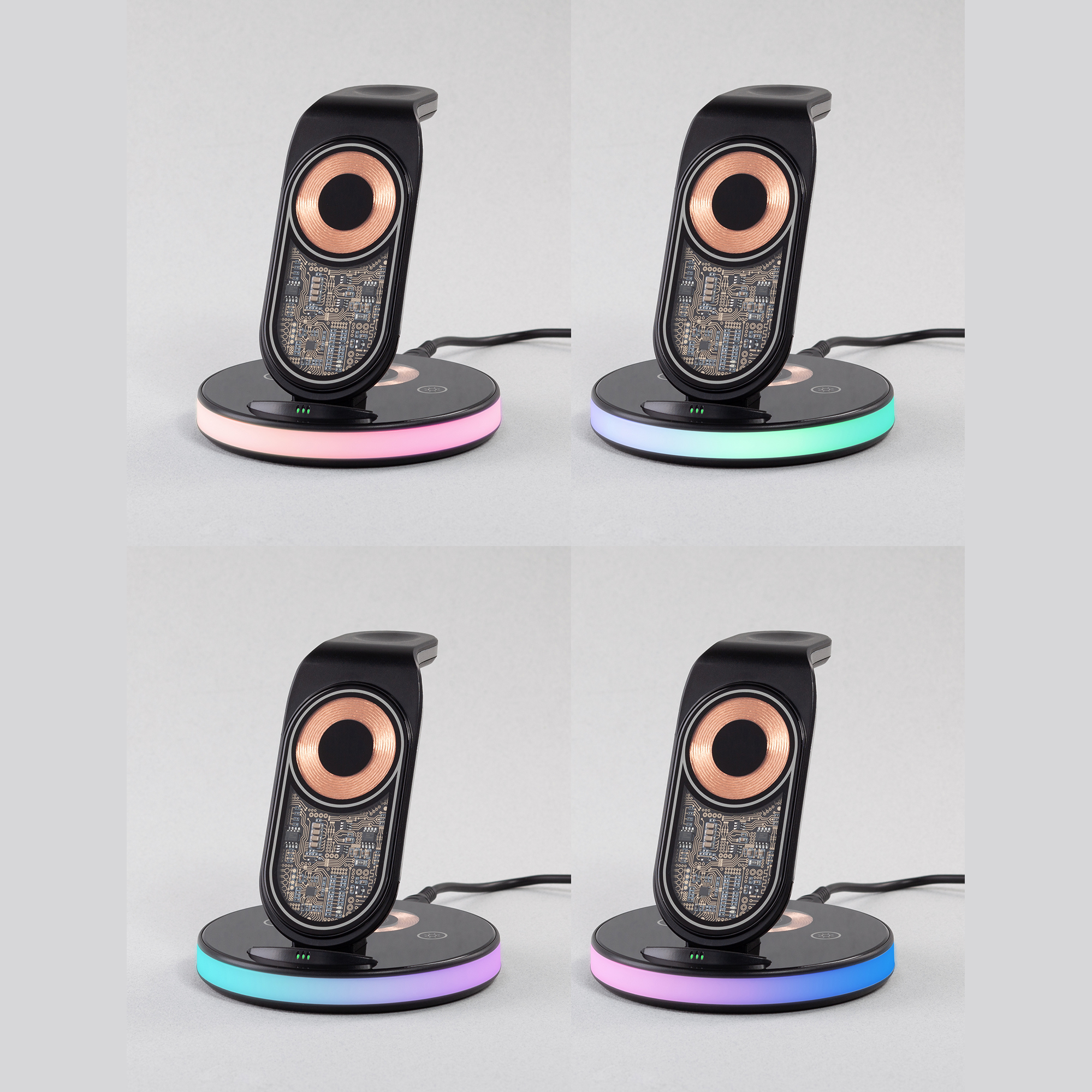 Беспроводная (15W) зарядная станция "Tron" с прозрачным корпусом и подсветкой, цвет черный с серебристым