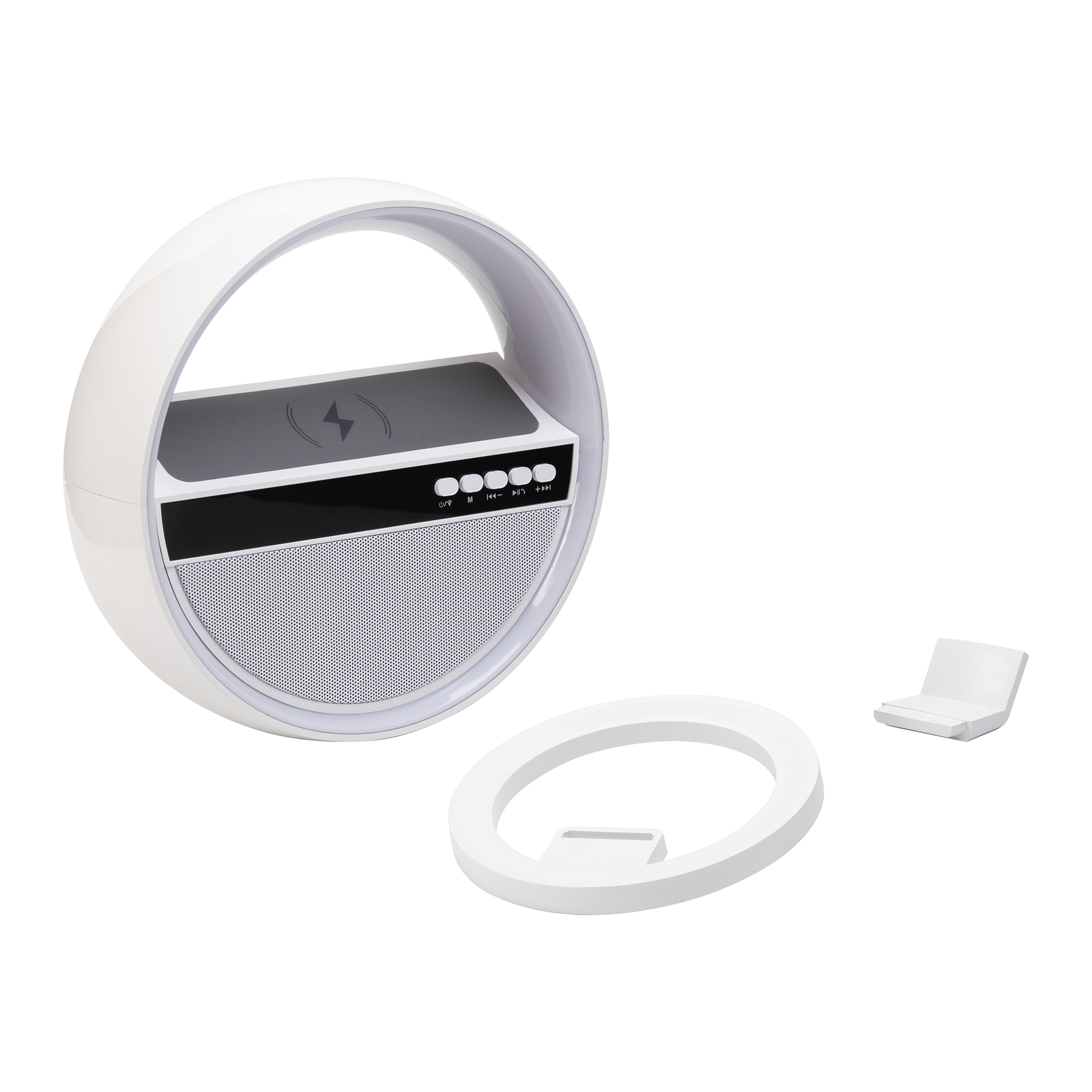 Bluetooth колонка "Smart Orb" 5Вт с беспроводным (15W) ЗУ, лампой, часами, FM радио, цвет белый