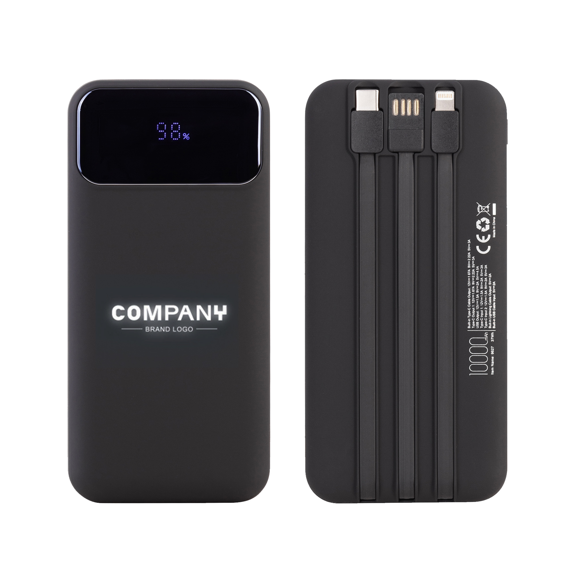Зарядное (22.5W) устройство "Grade SOFTTOUCH" 10000 mAh с подсветкой логотипа, встроенными кабелями и цифровым индикатором заряда, цвет черный
