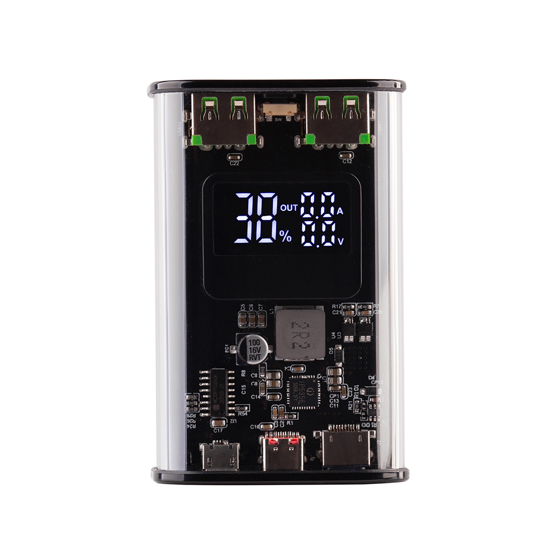 Зарядное (22.5W) устройство "Inside" 9000 mAh с прозрачным корпусом и цифровым индикатором заряда/напряжения/силы тока, цвет черный