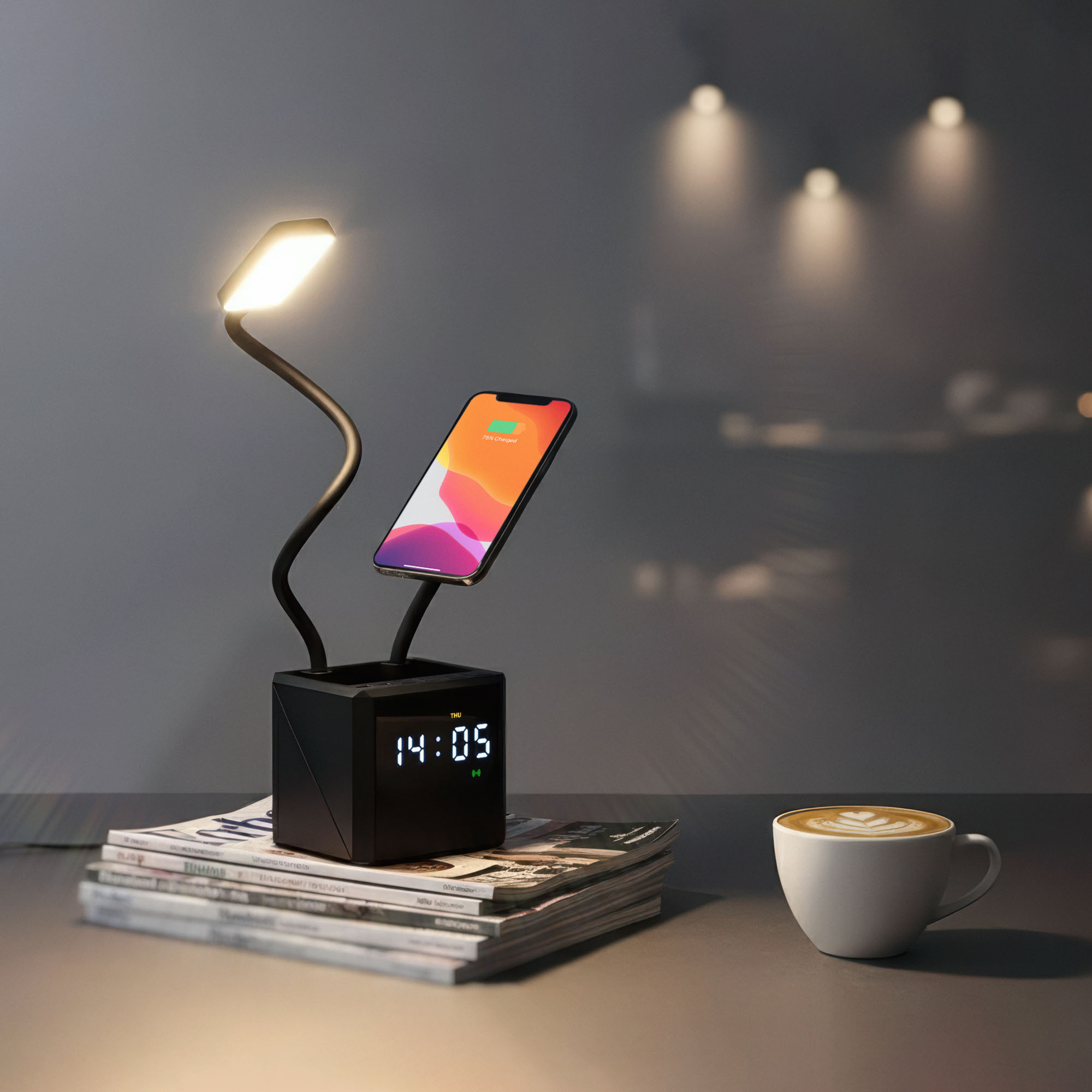 Лампа "Smart Flex" с беспроводным 3в1 (15W) ЗУ с MagSafe, часами, карандашницей и подсветкой логотипа, цвет черный