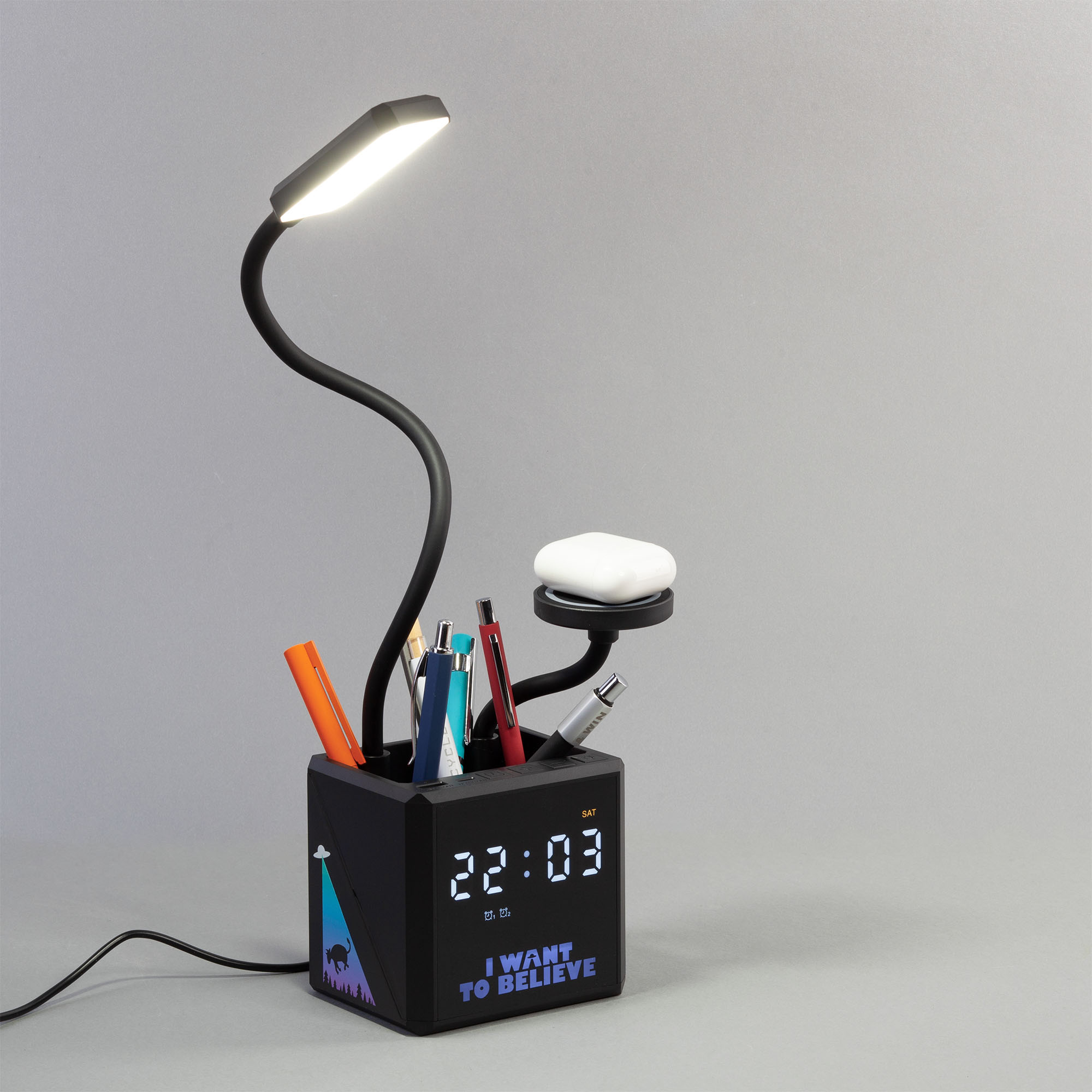 Лампа "Smart Flex" с беспроводным 3в1 (15W) ЗУ с MagSafe, часами, карандашницей и подсветкой логотипа, цвет черный