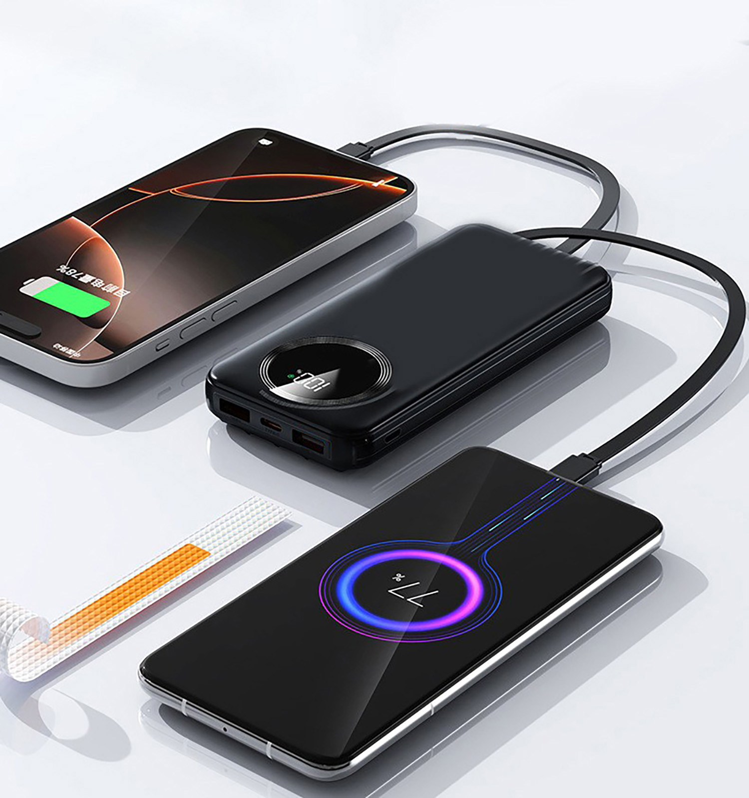 Зарядное устройство "Phantom" 10000 mAh с 4мя встроенными кабелями и цифровым индикатором заряда, цвет черный