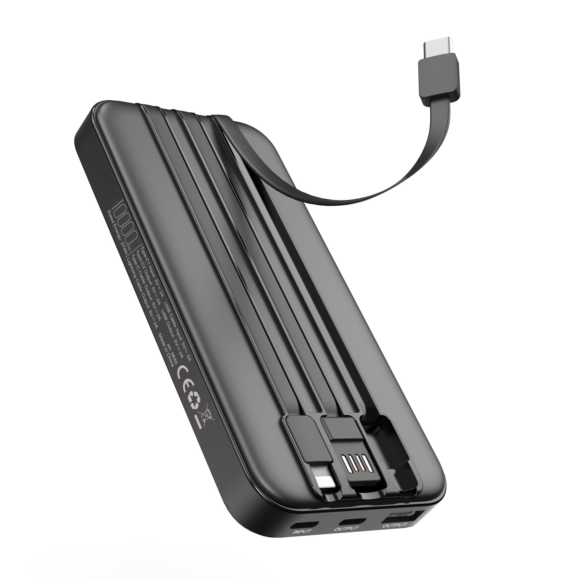 Зарядное устройство "Форт" 10000 mAh с подсветкой логотипа, встроенными кабелями и цифровым индикатором заряда, цвет черный