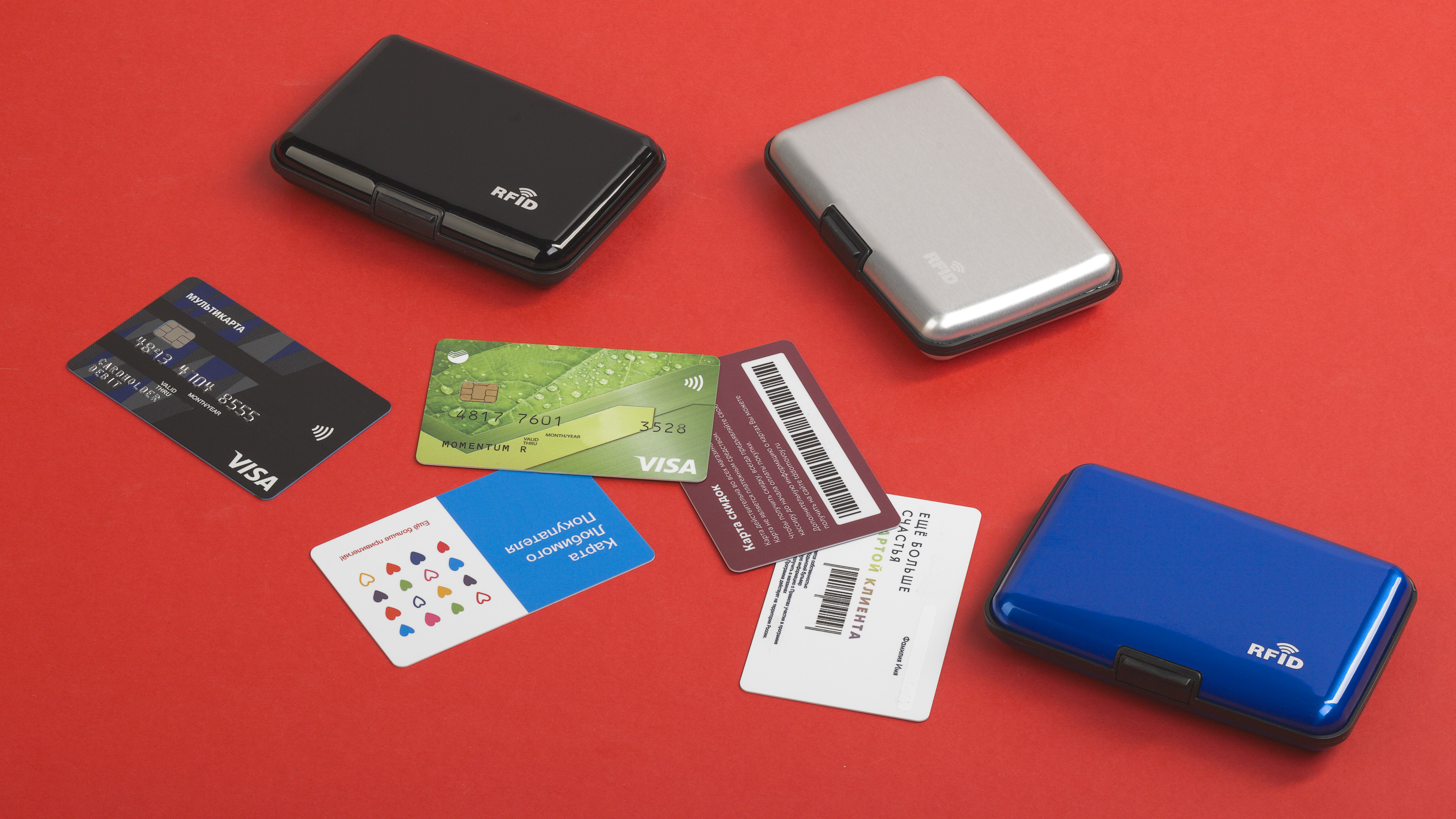 Футляр "Trust" для банковских карт и визиток с RFID - защитой от считывания данных, серебристый, цвет синий