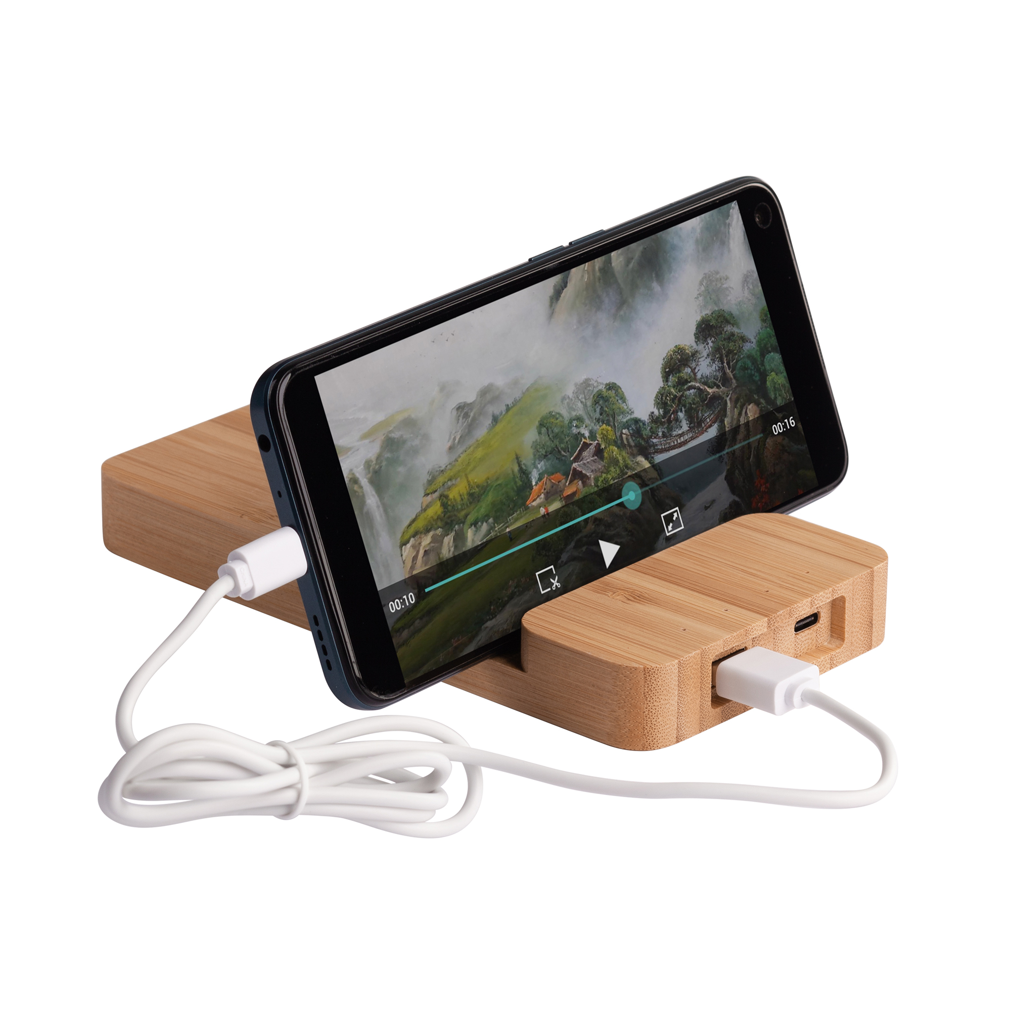 Беспроводное (10W) зарядное устройство "Bamboo Power" 5000 mAh с подставкой под смартфон, бамбук, цвет бежевый