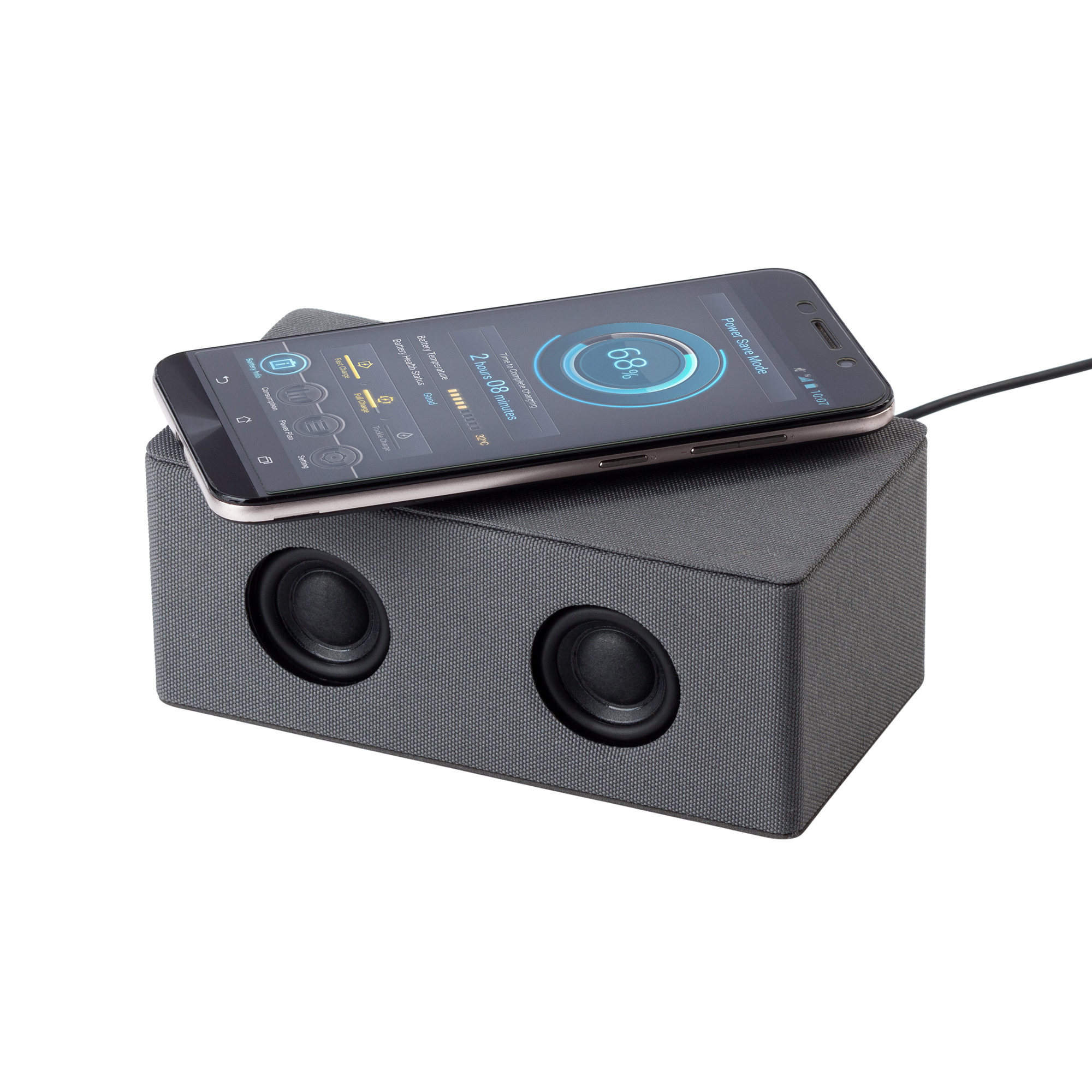 Bluetooth колонка "Cool Gray" с двумя динамиками (2х3Вт) и беспроводным зарядным устройством, переработанный пластик (RPET), цвет серый