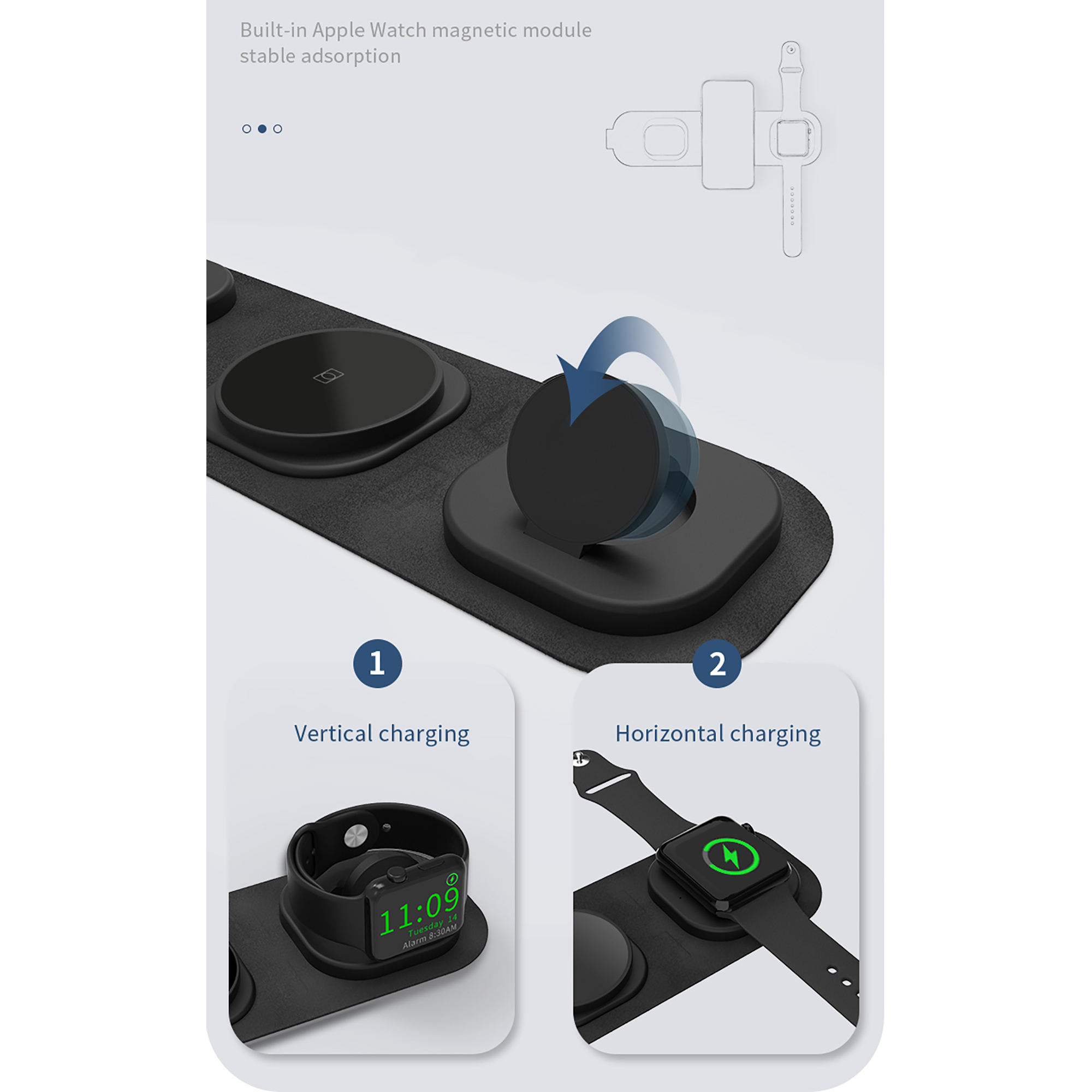 Складная беспроводная (15W) зарядная станция "Magic Case" с MagSafe для смартфона, часов и наушников, цвет черный
