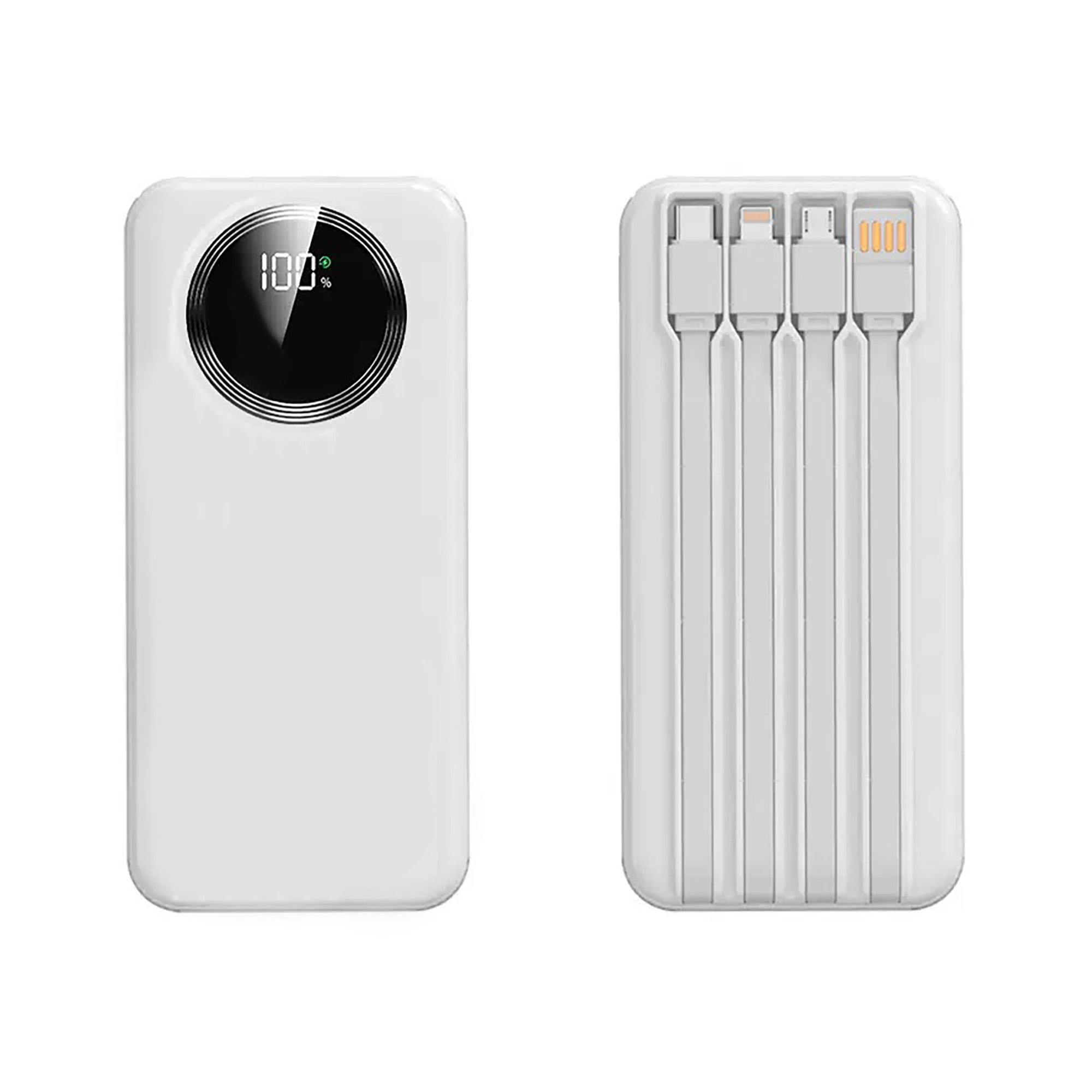 Зарядное устройство "Phantom" 10000 mAh с 4мя встроенными кабелями и цифровым индикатором заряда, цвет белый