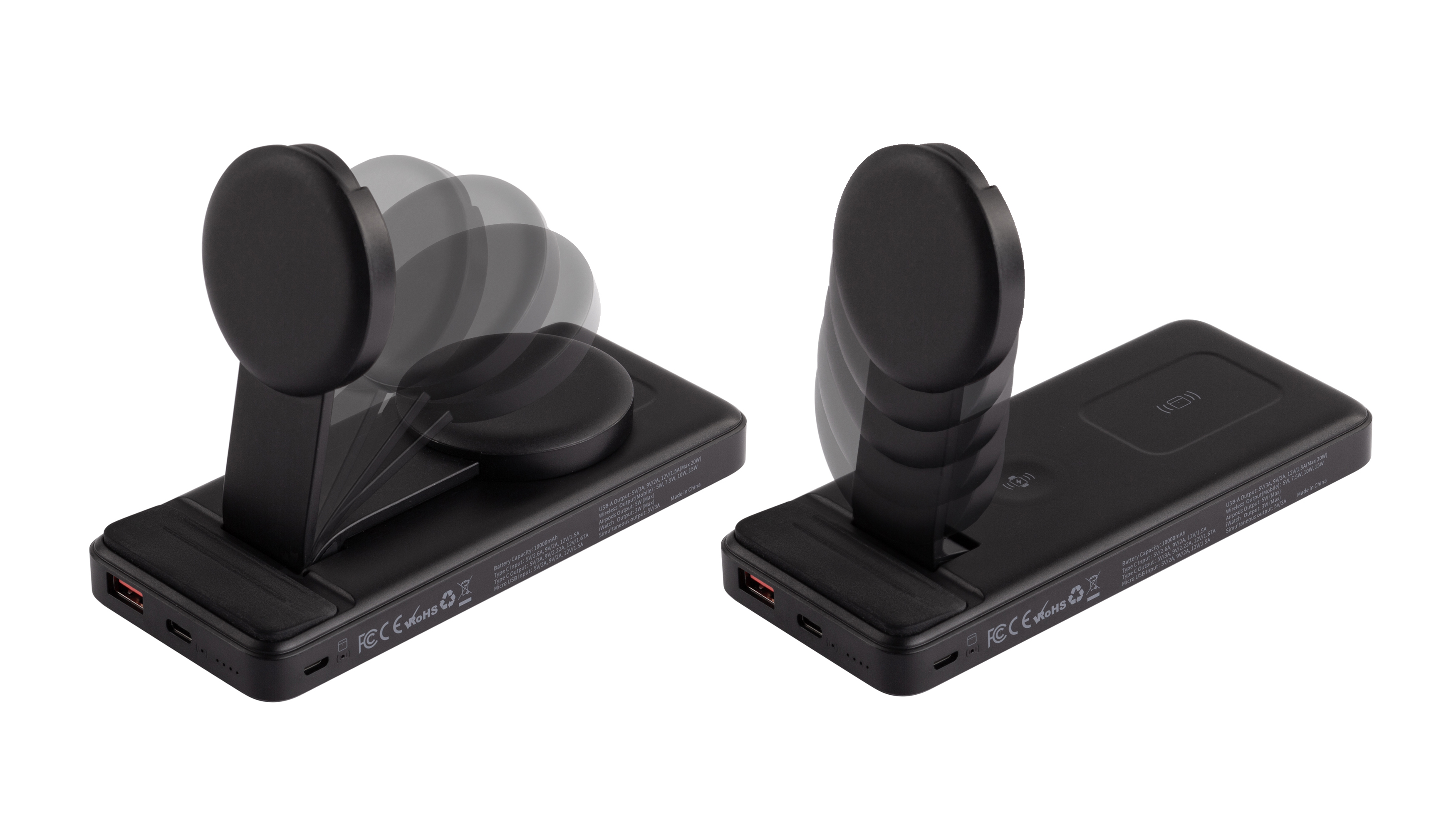 Беспроводная зарядная (20W/15W) станция-пауэрбэнк "Slider" 10000 mAh для смартфонов, наушников, часов, с подвижным зарядным блоком, цвет черный