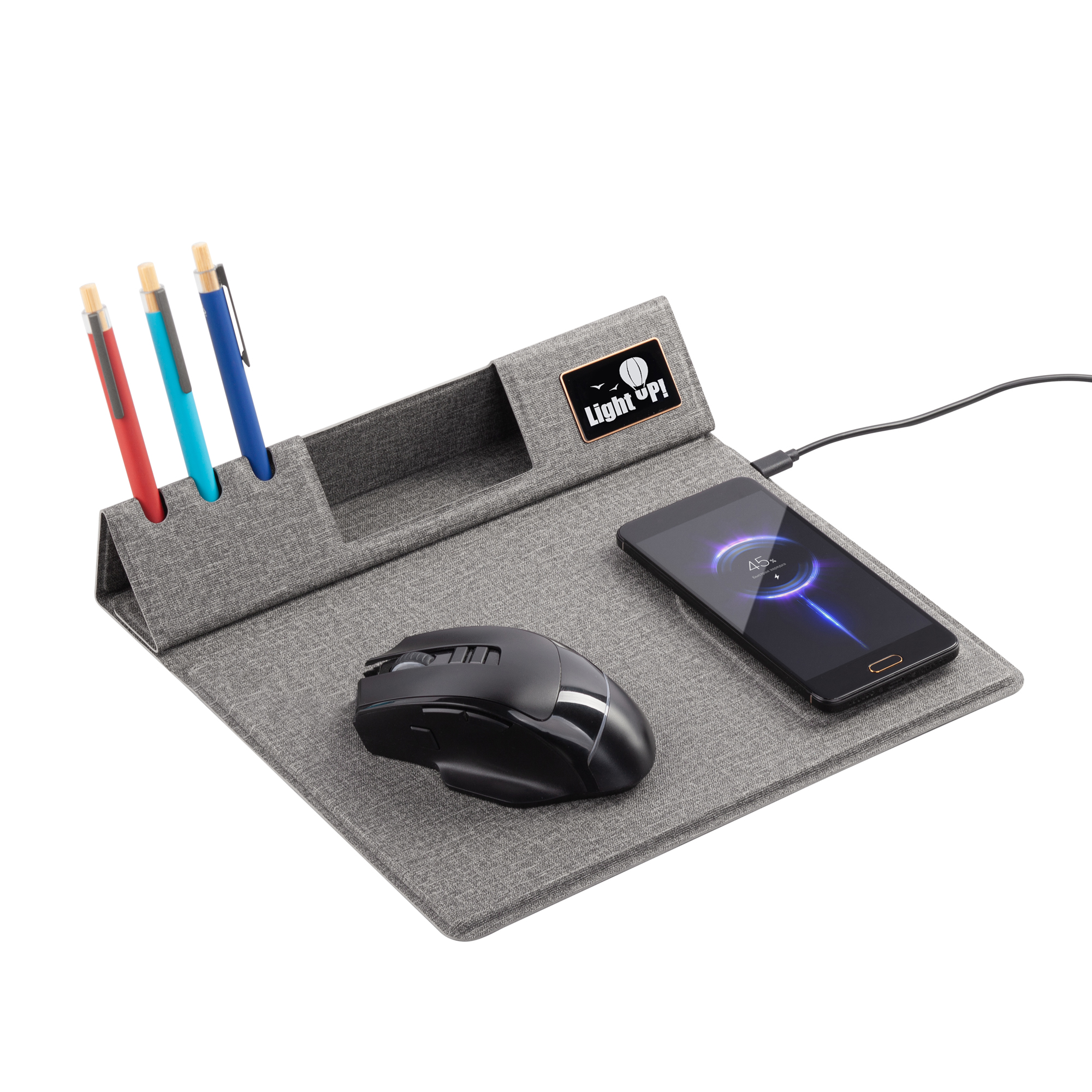 Настольная складная подставка "Cool Mat" с беспроводным (15W) ЗУ, сенсорной подсветкой логотипа, функцией MagSafe и ковриком для мыши, цвет серый