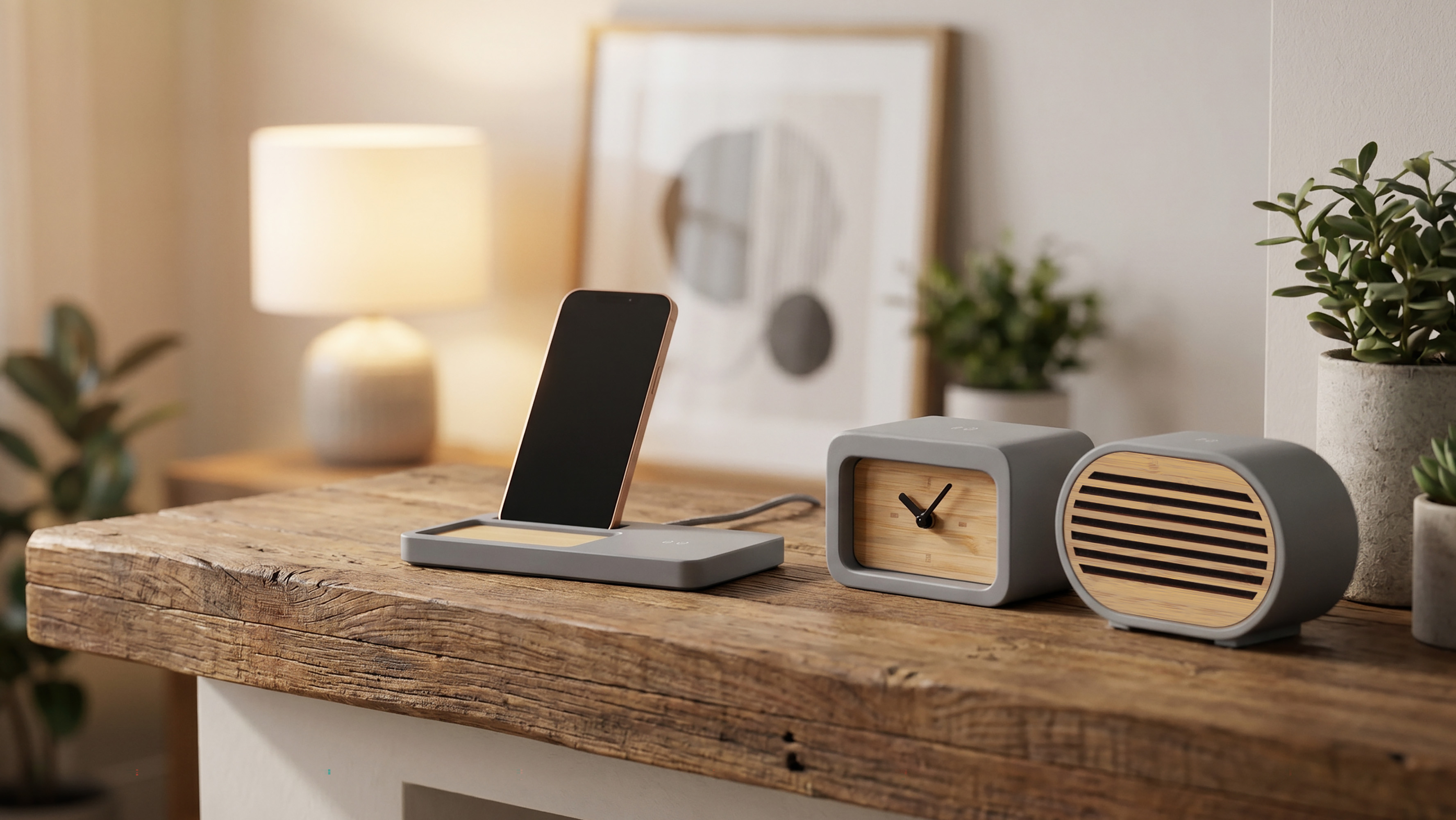 Bluetooth-колонка "Stonehenge" 5Вт с беспроводным зарядным устройством, камень/бамбук, цвет серый/бежевый