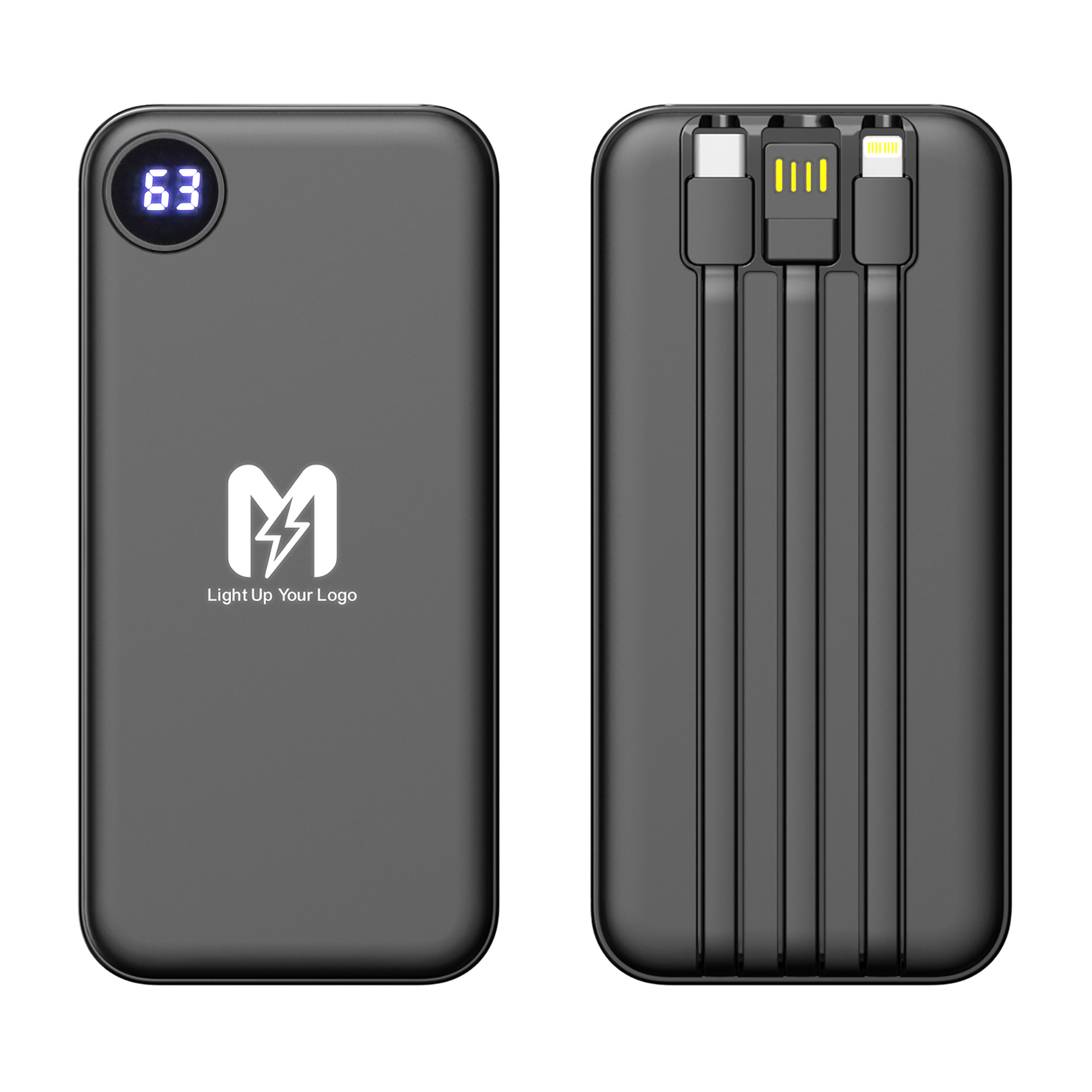 Зарядное устройство "Форт" 10000 mAh с подсветкой логотипа, встроенными кабелями и цифровым индикатором заряда, цвет черный