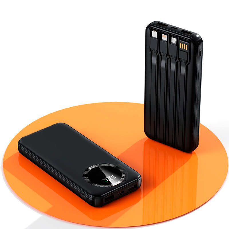 Зарядное устройство "Phantom" 10000 mAh с 4мя встроенными кабелями и цифровым индикатором заряда, цвет черный