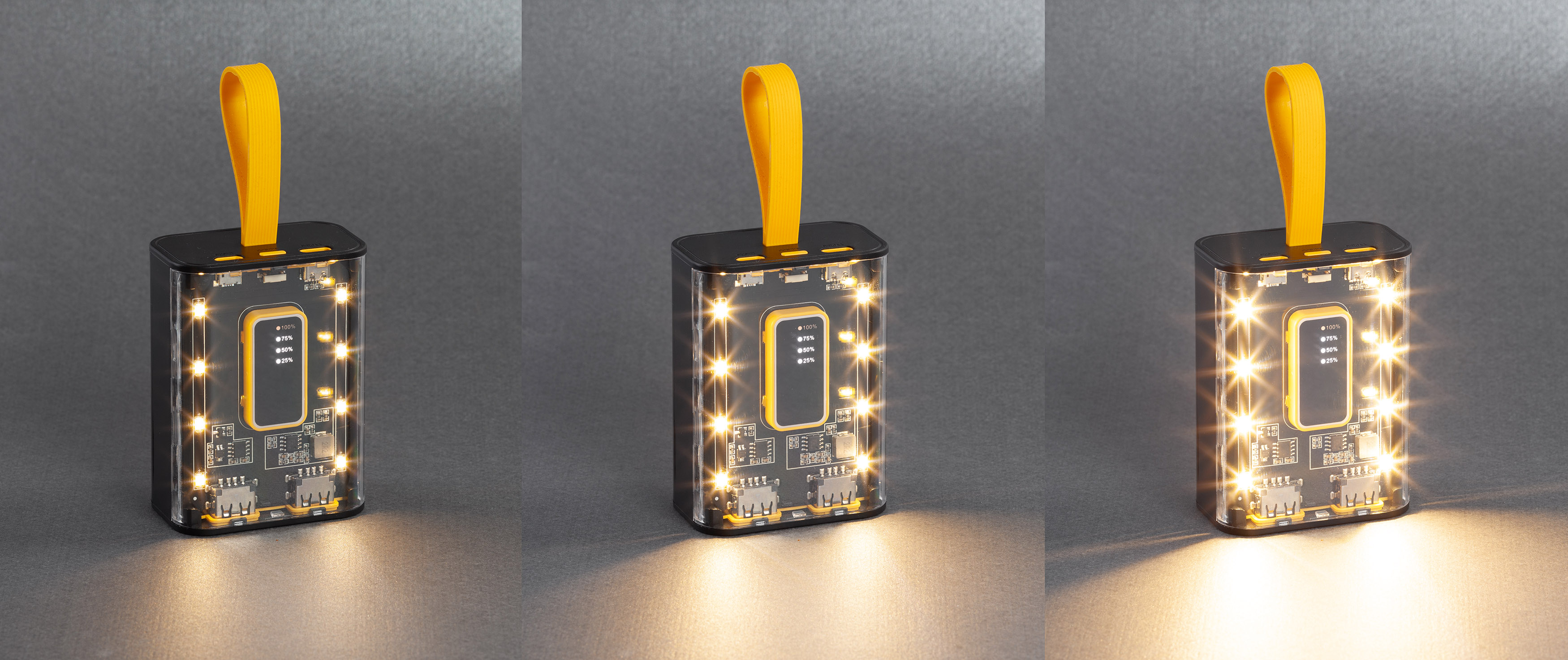 Зарядное устройство "Shine" 9000 mAh с LED-подсветкой, встроенными кабелями Type-C/Lightning/USB, цвет черный с желтым
