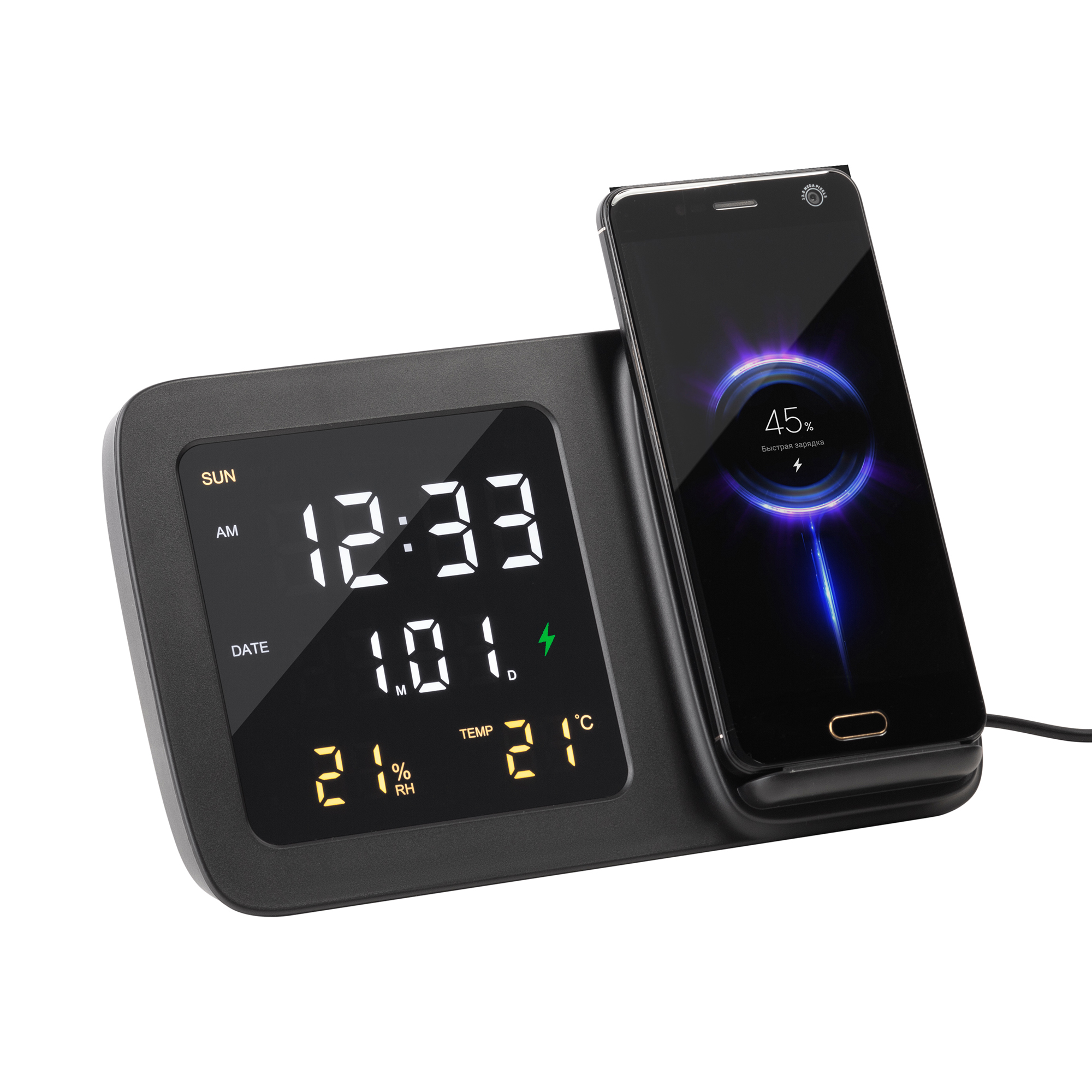 Настольные часы "Smart Screen" с беспроводным (15W) зарядным устройством, гигрометром, термометром, календарём, с подсветкой логотипа, цвет черный