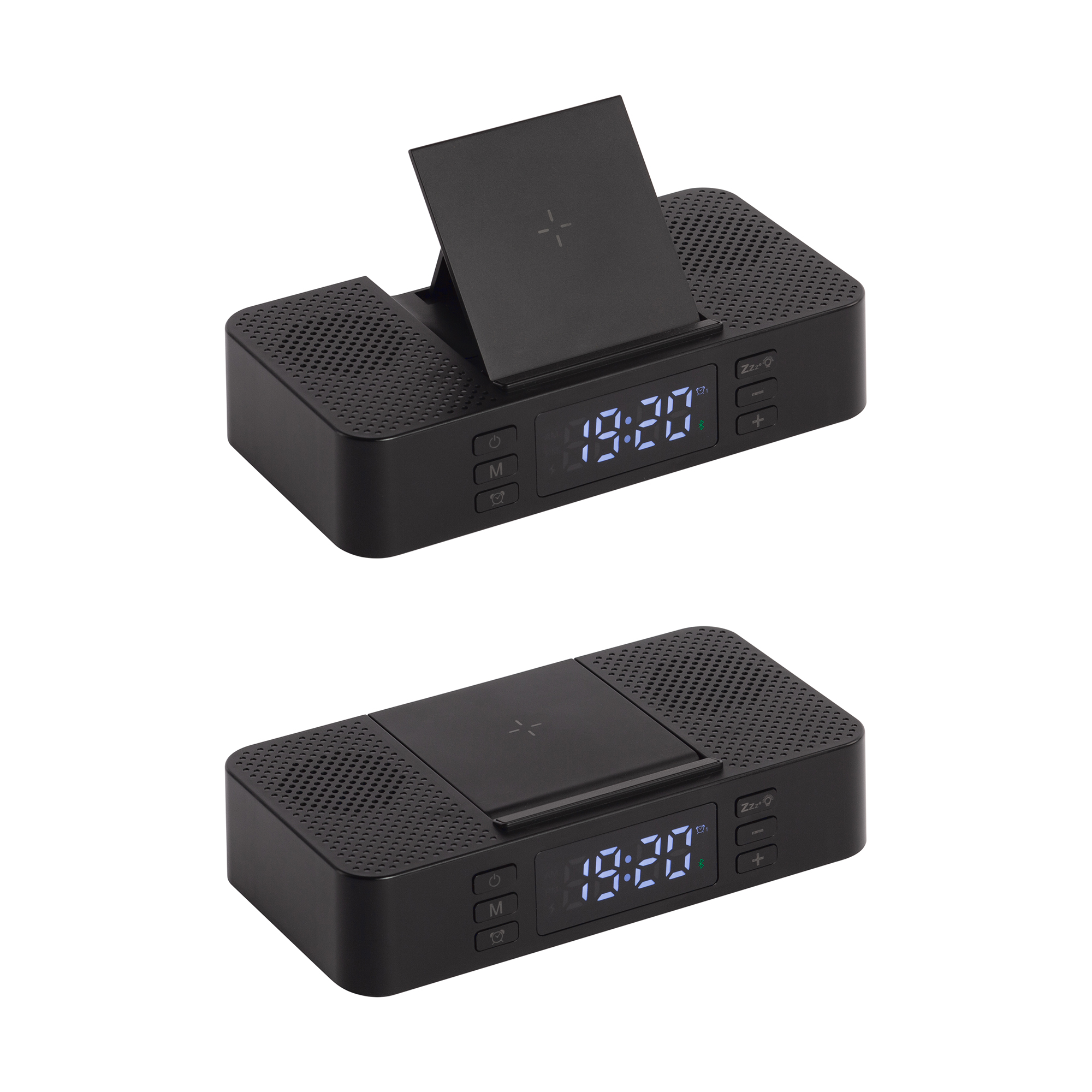 Настольные часы "Smart Box" с bluetooth колонкой (2х3Вт), беспроводным (15W) зарядным устройством и складной подставкой под смартфон, цвет черный
