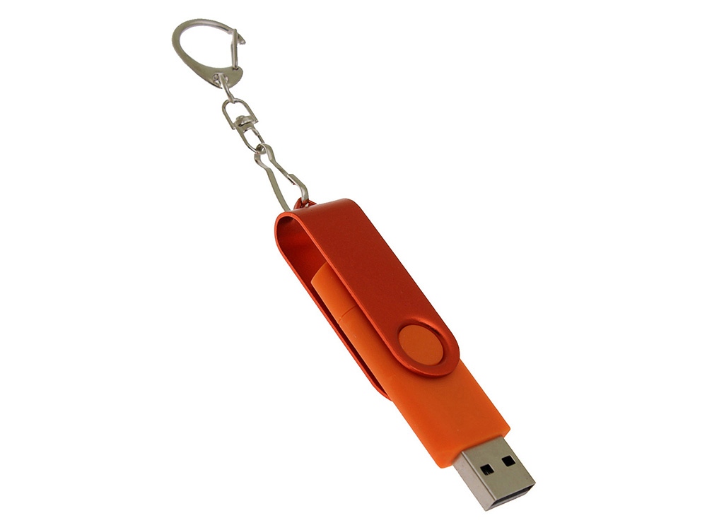 USB-флешка на 64 Гб 2 в 1 поворотный механизм, c дополнительным разъемом Type-C с одноцветным металлическим клипом, оранжевый