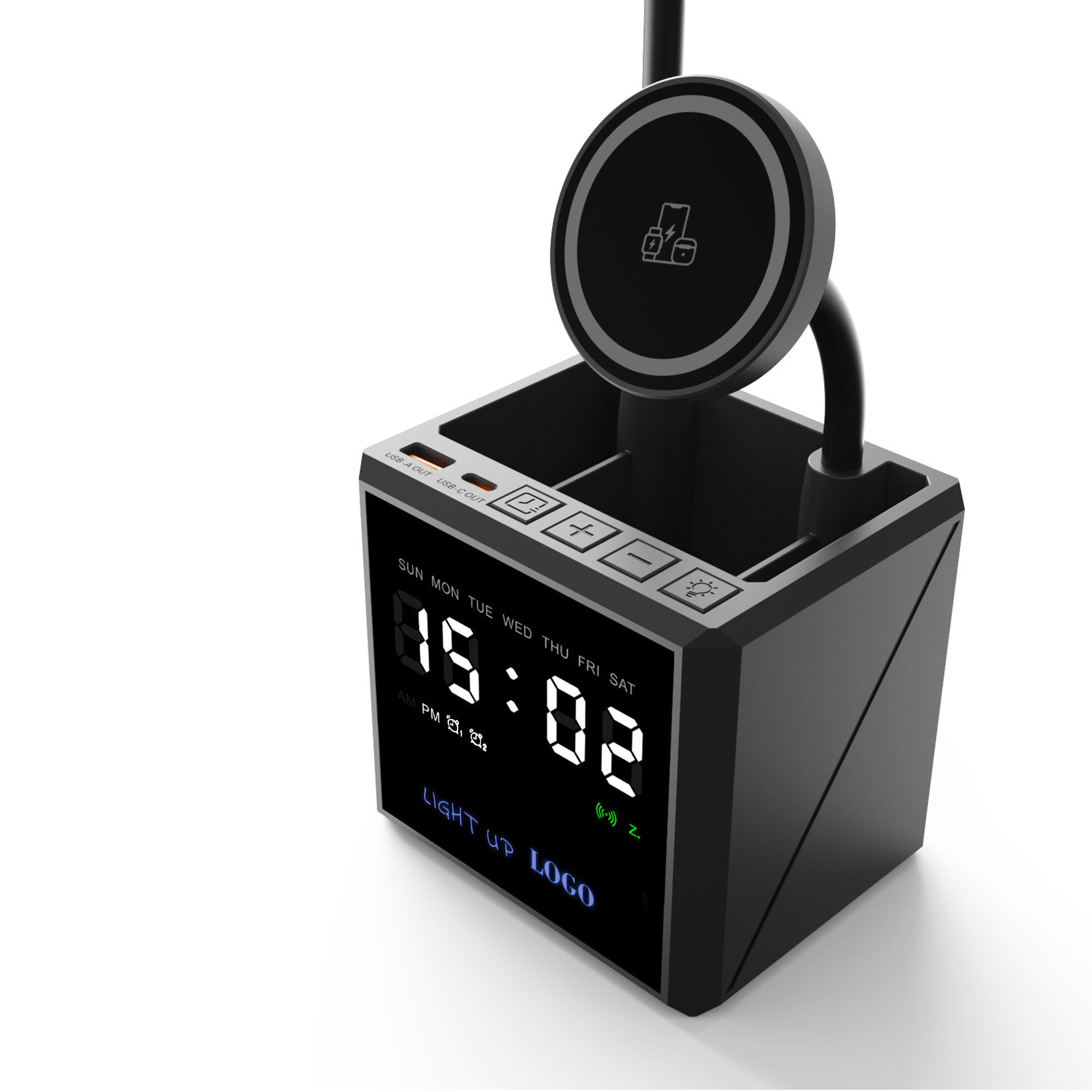 Лампа "Smart Flex" с беспроводным 3в1 (15W) ЗУ с MagSafe, часами, карандашницей и подсветкой логотипа, цвет черный
